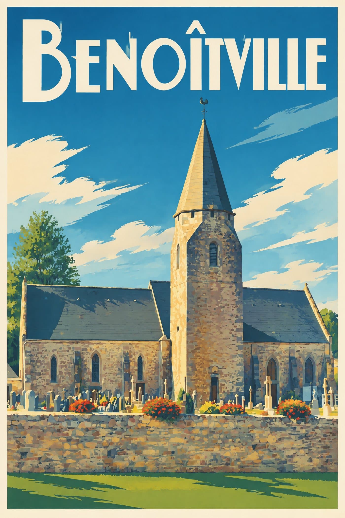 Affiche illustrée de Benoîtville — Église Saint-Pierre
