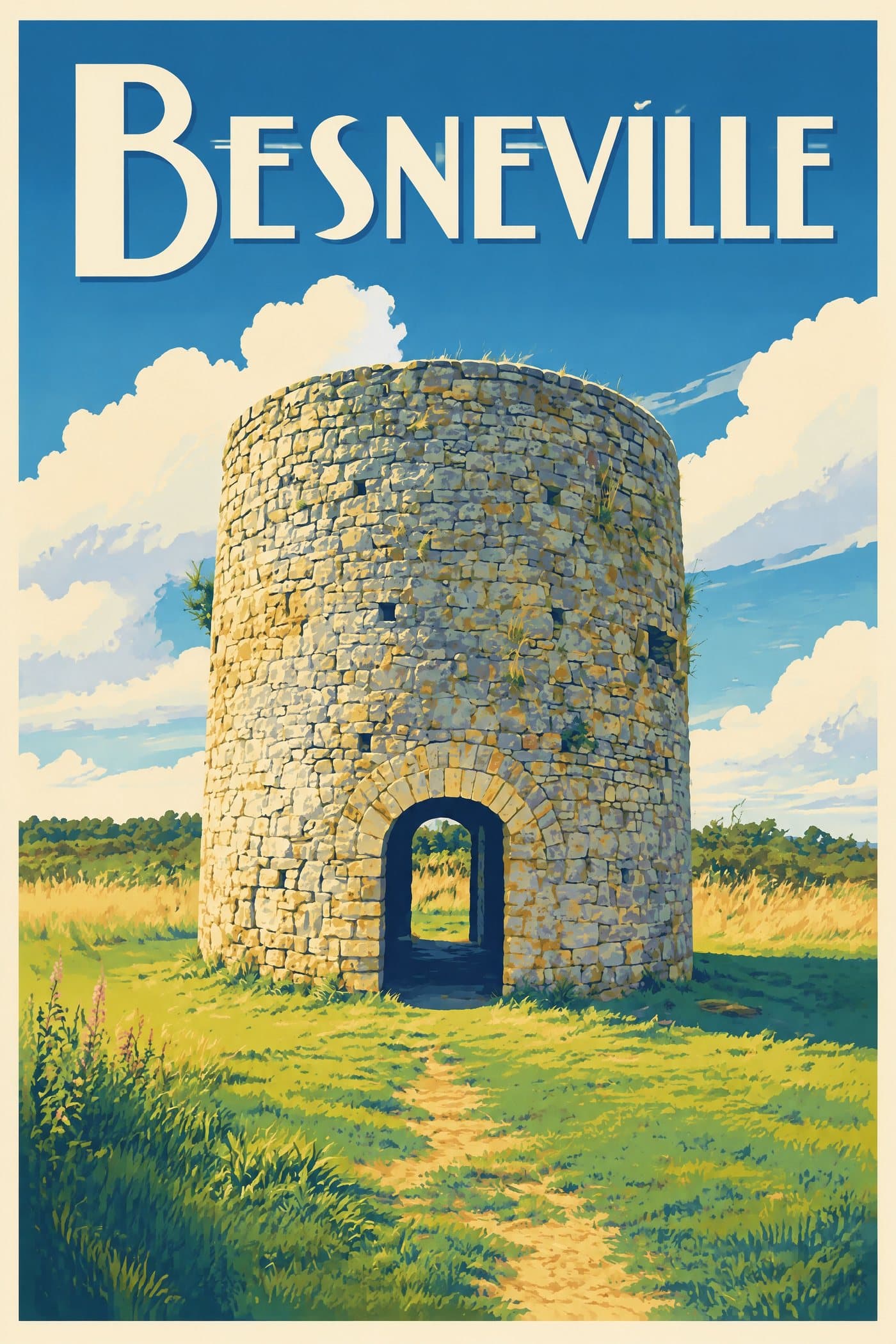 Affiche illustrée de Besneville — Ancien moulin