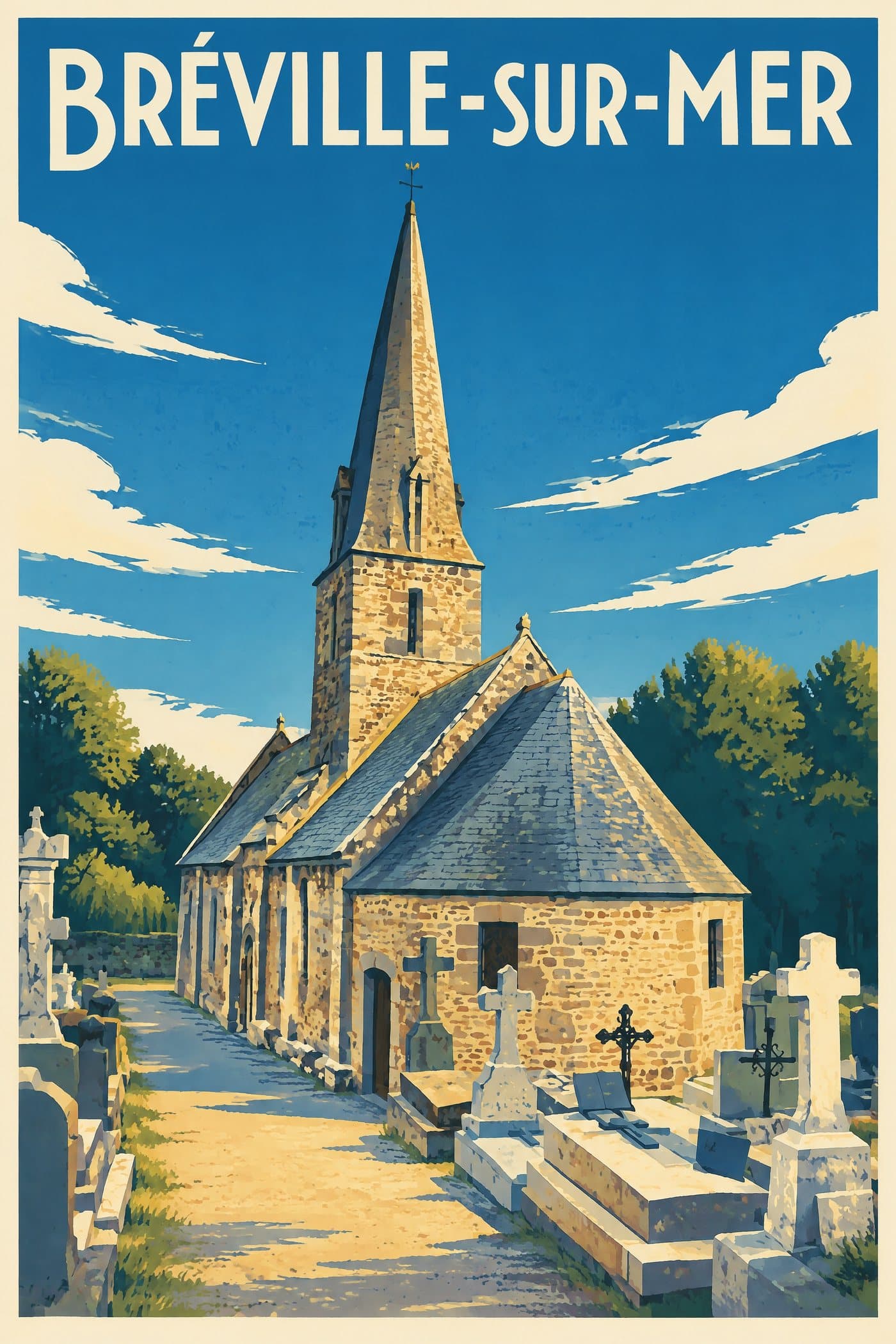 Affiche illustrée de Bréville-sur-Mer — Église Notre-Dame