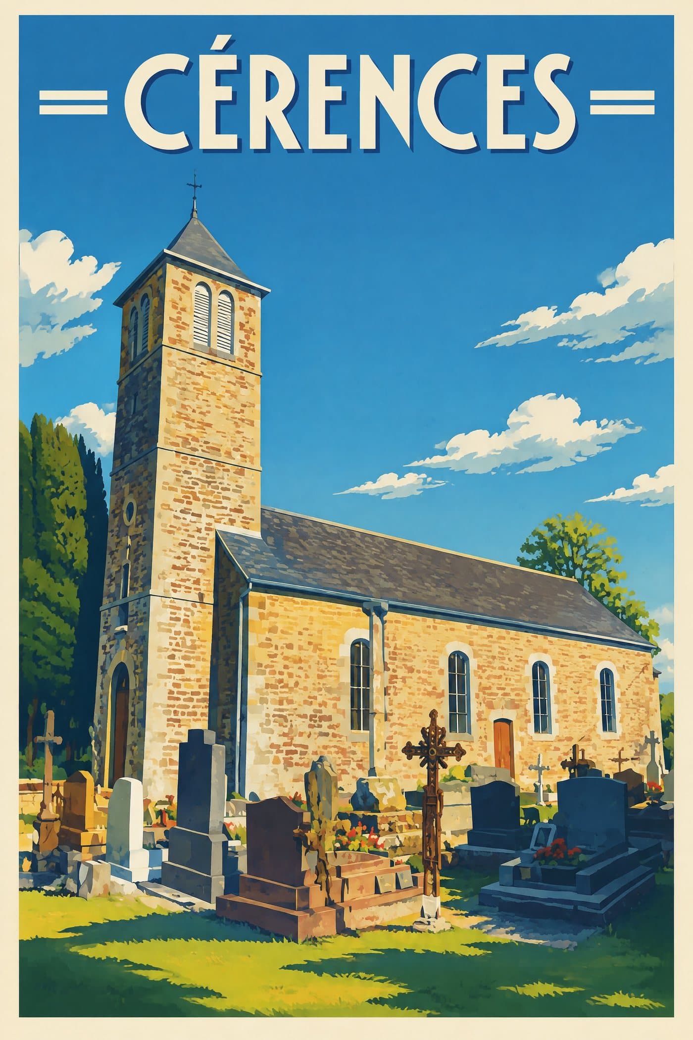 Affiche illustrée de Cérences — Église Notre-Dame de Bourey