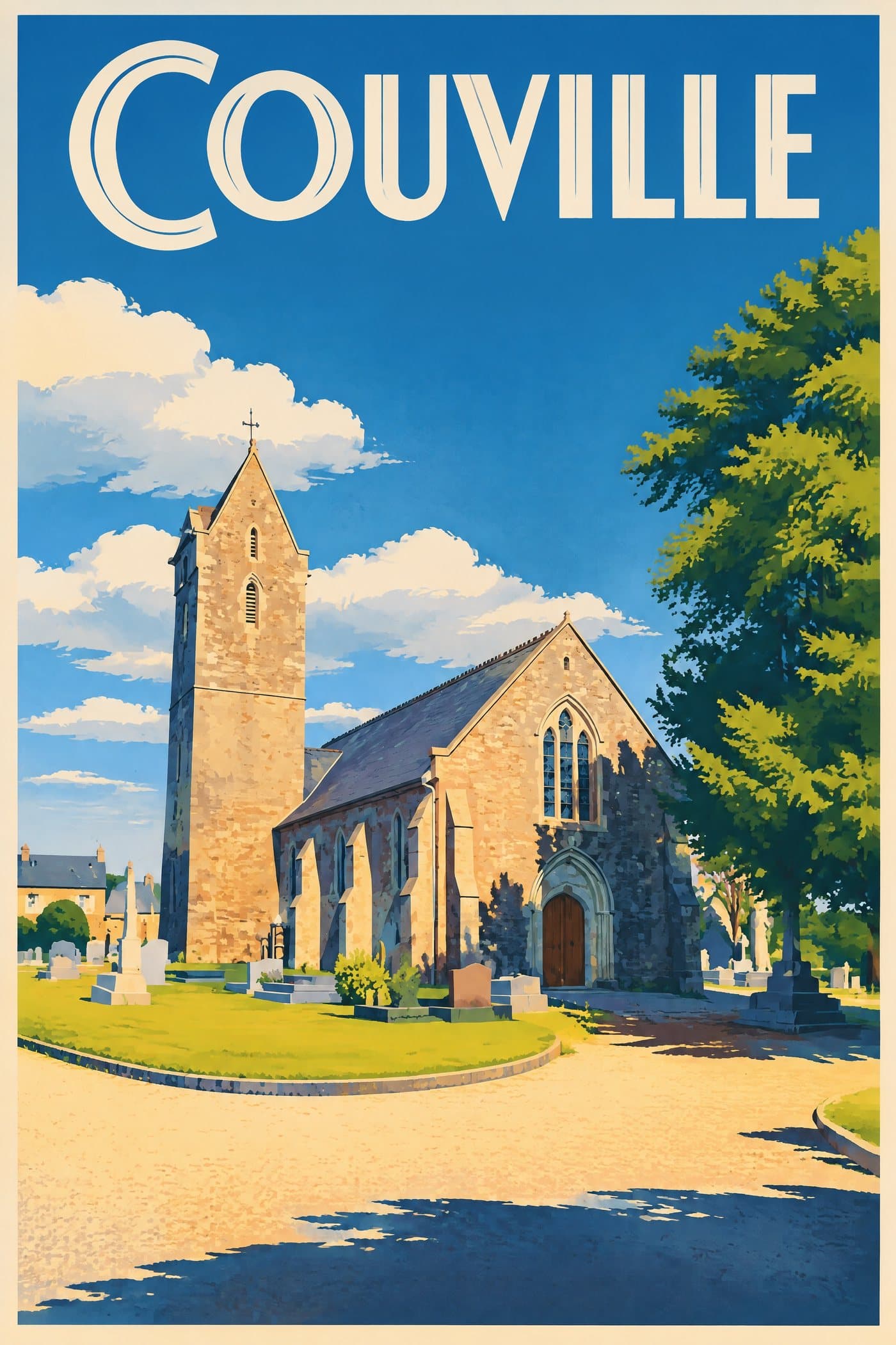 Affiche illustrée de Couville — Église Notre-Dame-de-l'Assomption