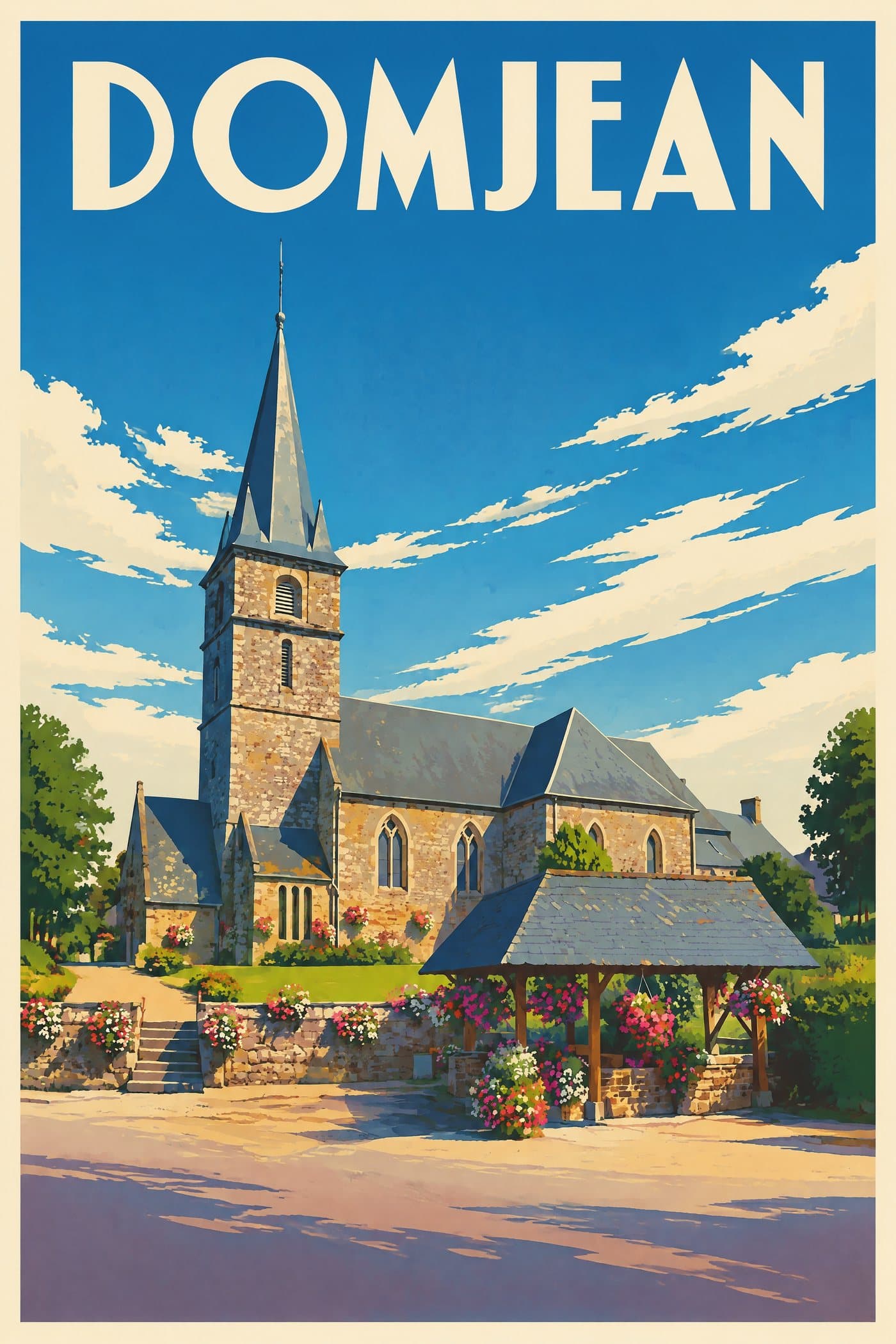 Affiche illustrée de Domjean — Église Saint-Jean-Baptiste