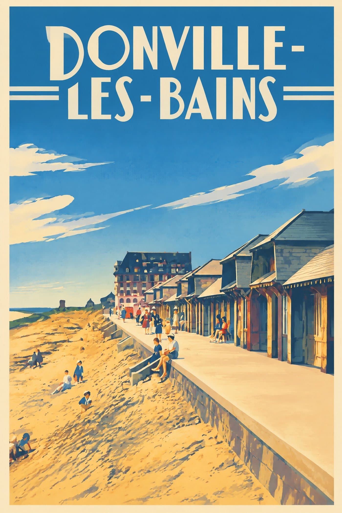 Affiche illustrée de Donville-les-Bains — La plage et ses cabines