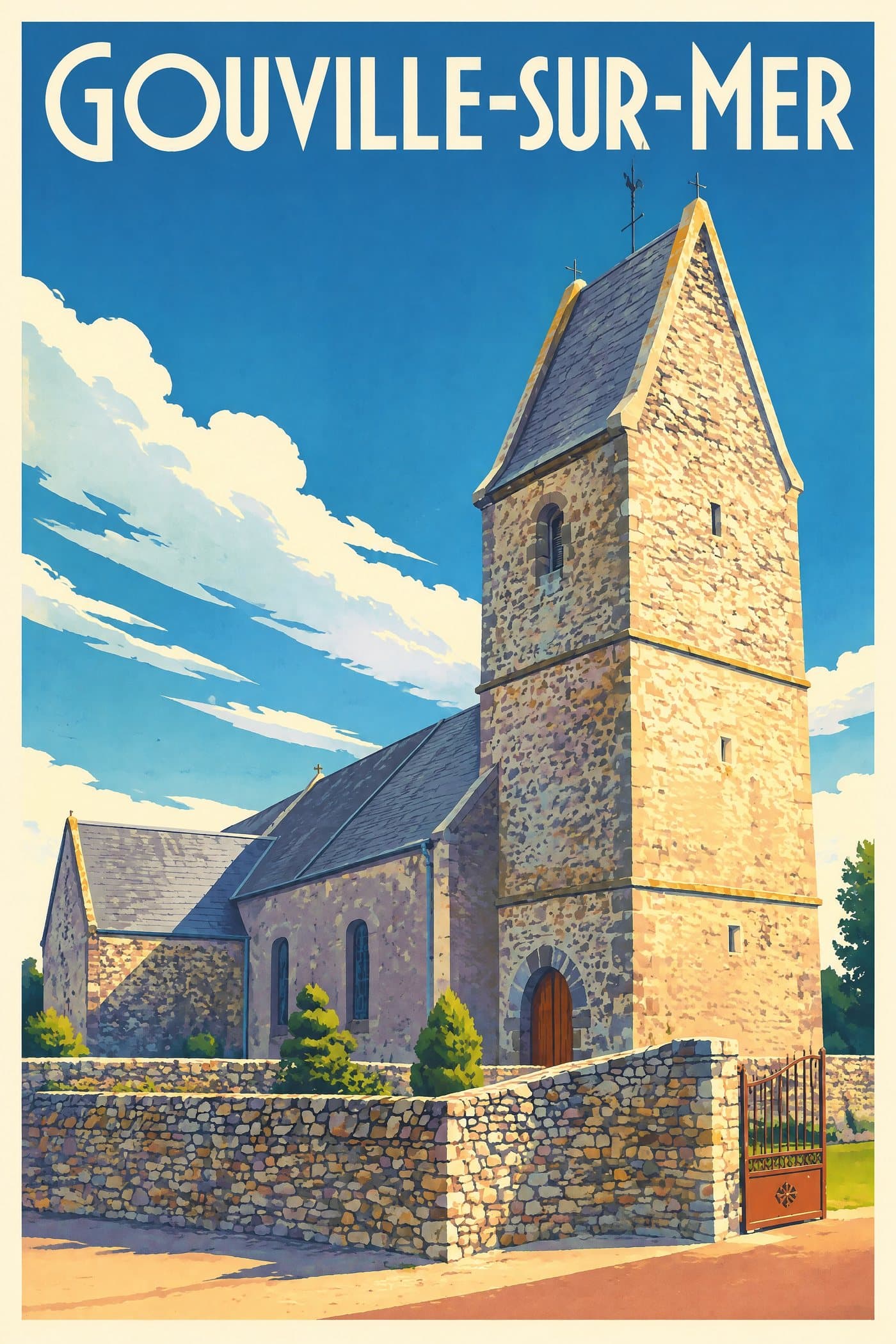 Affiche illustrée de Gouville-sur-Mer — Église Notre-Dame de Montcarville