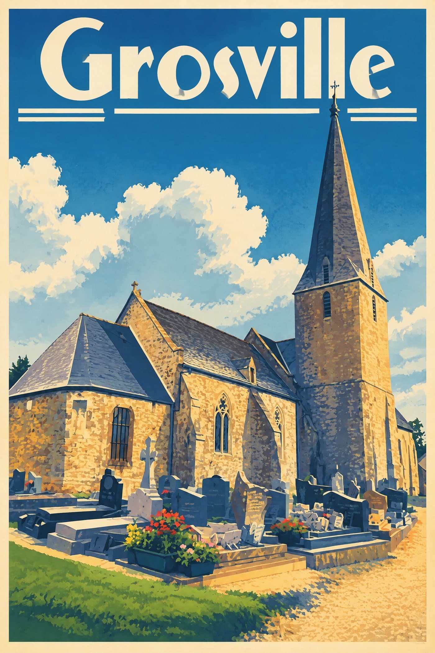 Affiche illustrée de Grosville — Église Saint-Martin
