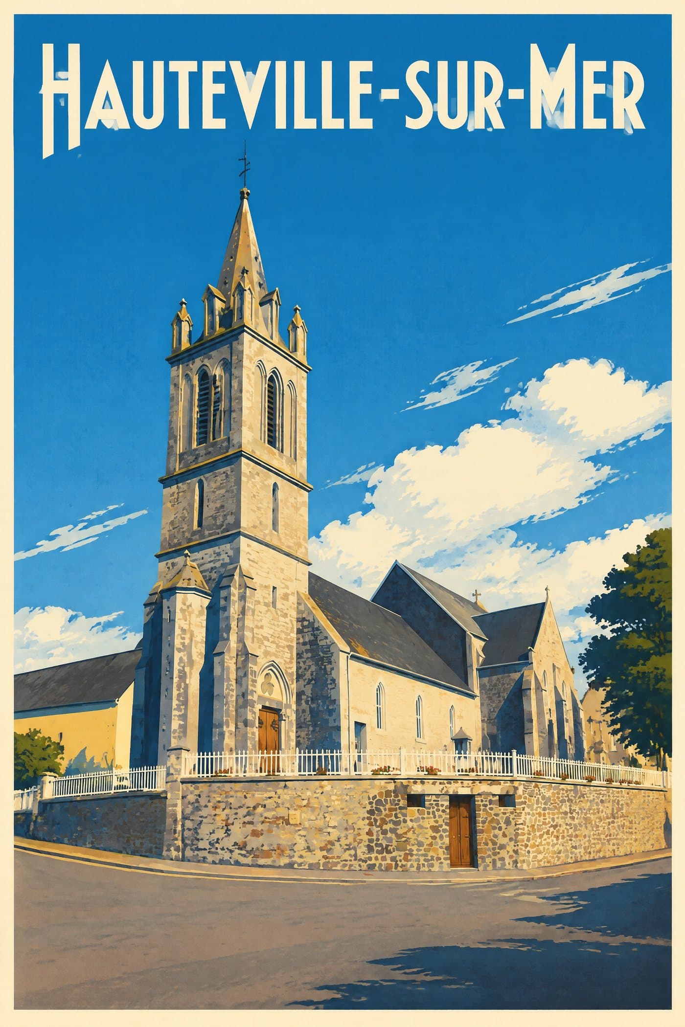 Affiche illustrée d'Hauteville-sur-Mer — Église Notre-Dame