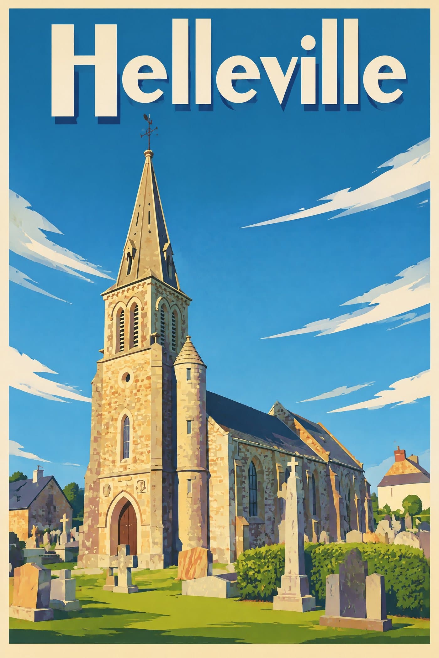 Affiche illustrée d'Helleville — Église Saint-Pierre