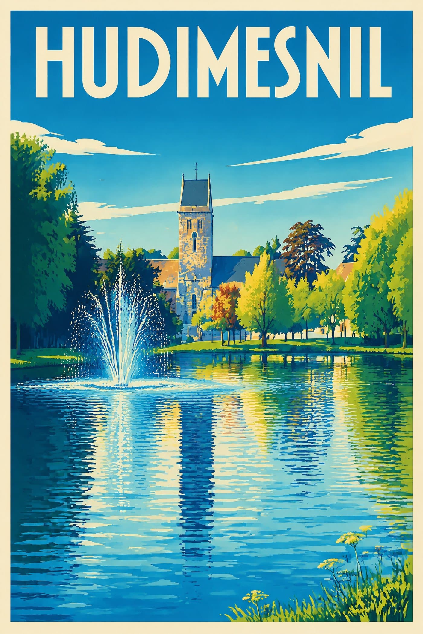 Affiche illustrée d'Hudimesnil — Étang et église Notre-Dame