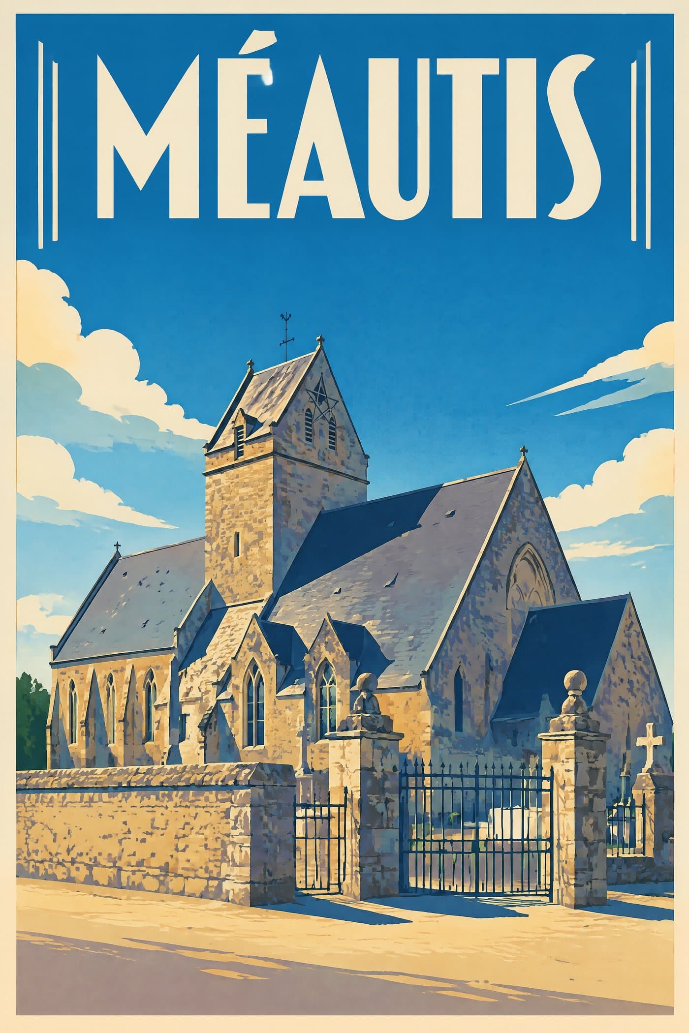 Affiche illustrée de Méautis — Église Saint-Hilaire