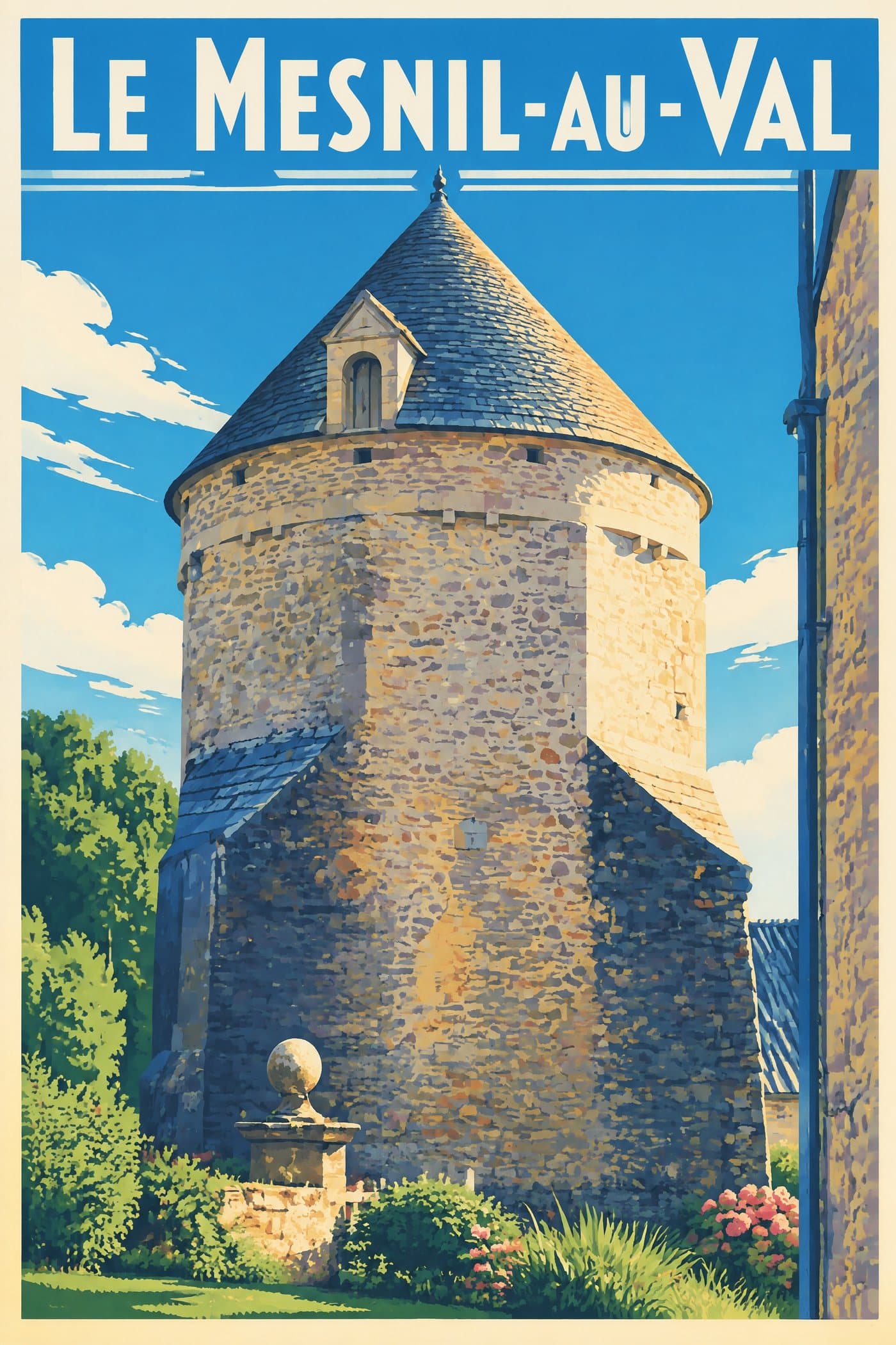 Affiche illustrée du Mesnil-au-Val — Tour de l'ancien manoir de Barville
