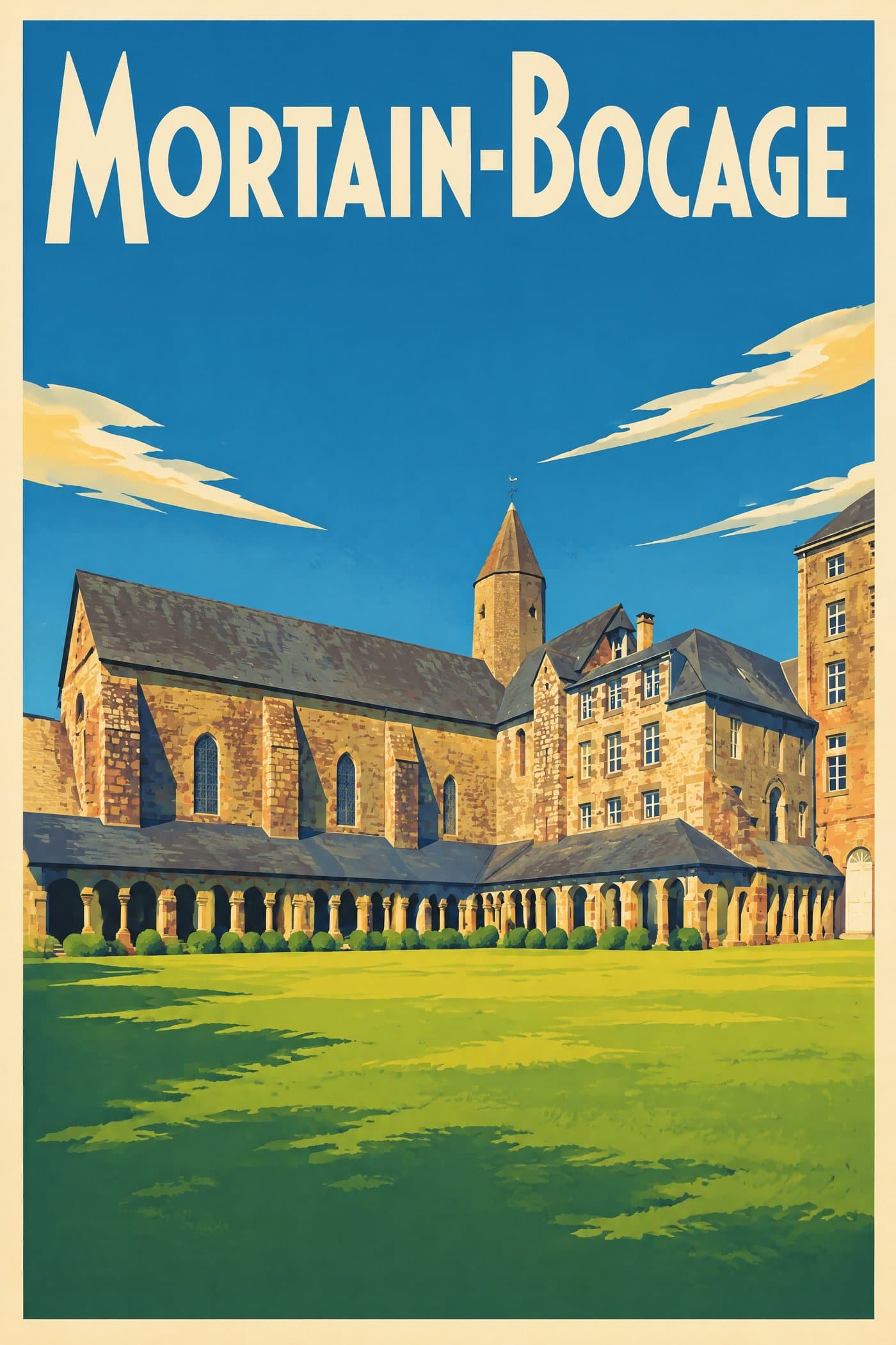 Affiche illustrée de Mortain-Bocage — Abbaye Blanche