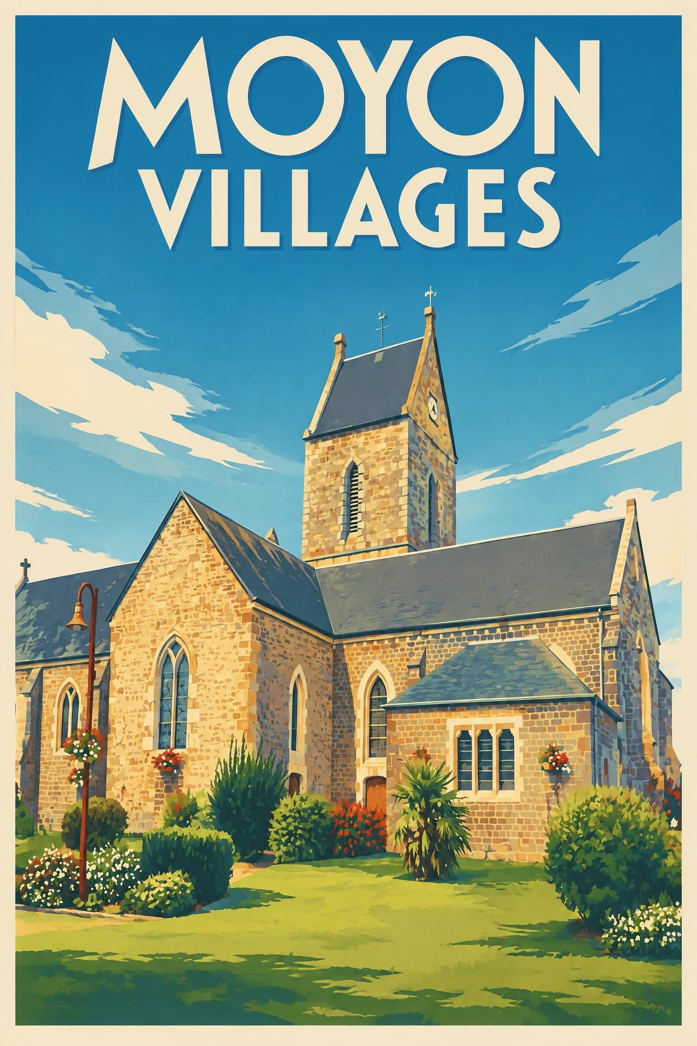 Affiche illustrée de Moyon Villages — Église Saint-Germain