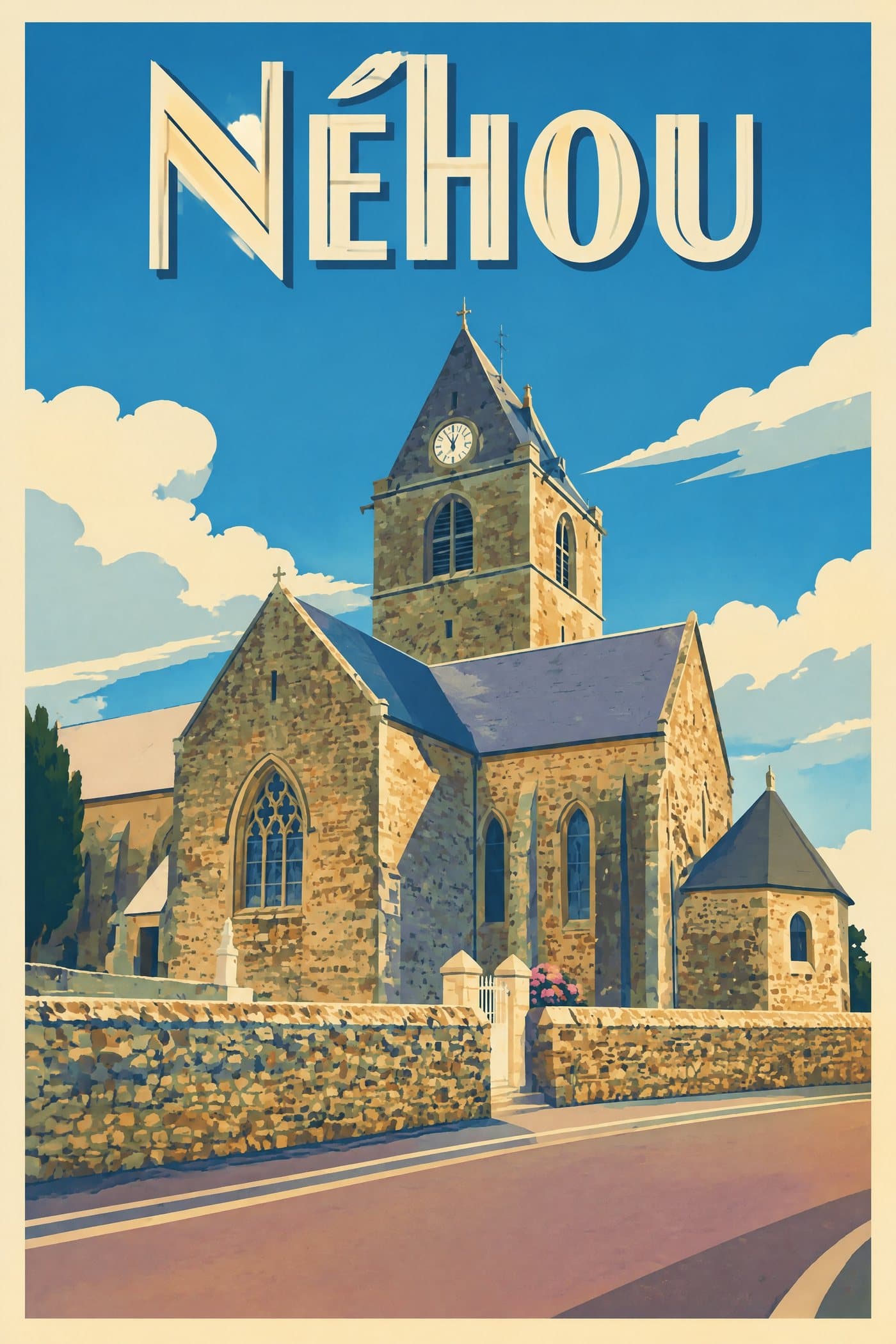 Affiche illustrée de Néhou — Église Saint-Georges