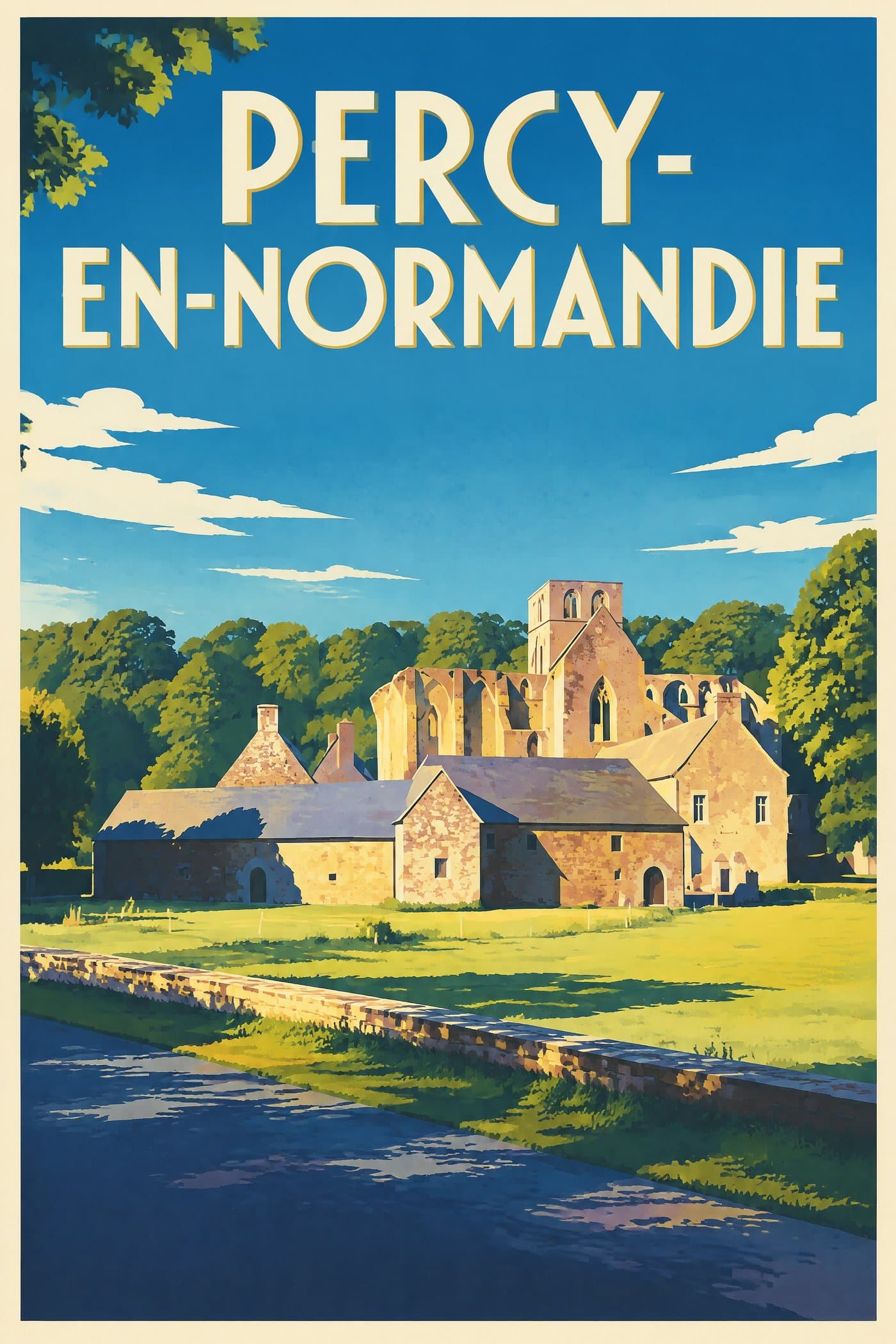 Affiche illustrée de Percy-en-Normandie — L’abbaye