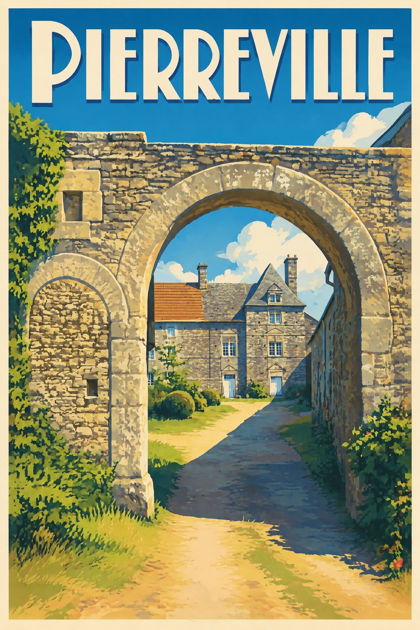 Affiche illustrée de Pierreville — Porterie du manoir de Saint-Marcouf