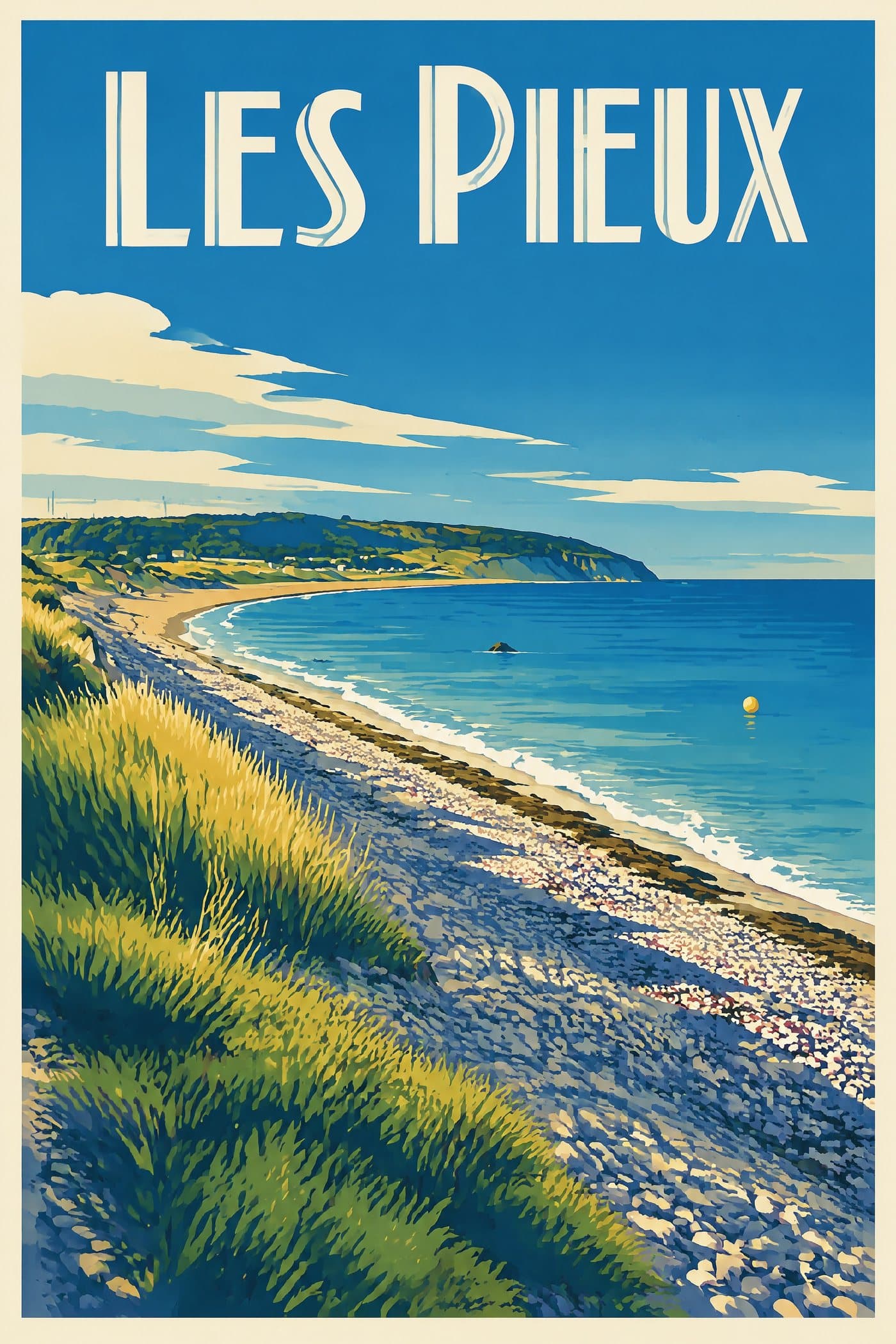 Affiche illustrée des Pieux — La plage de Sciotot