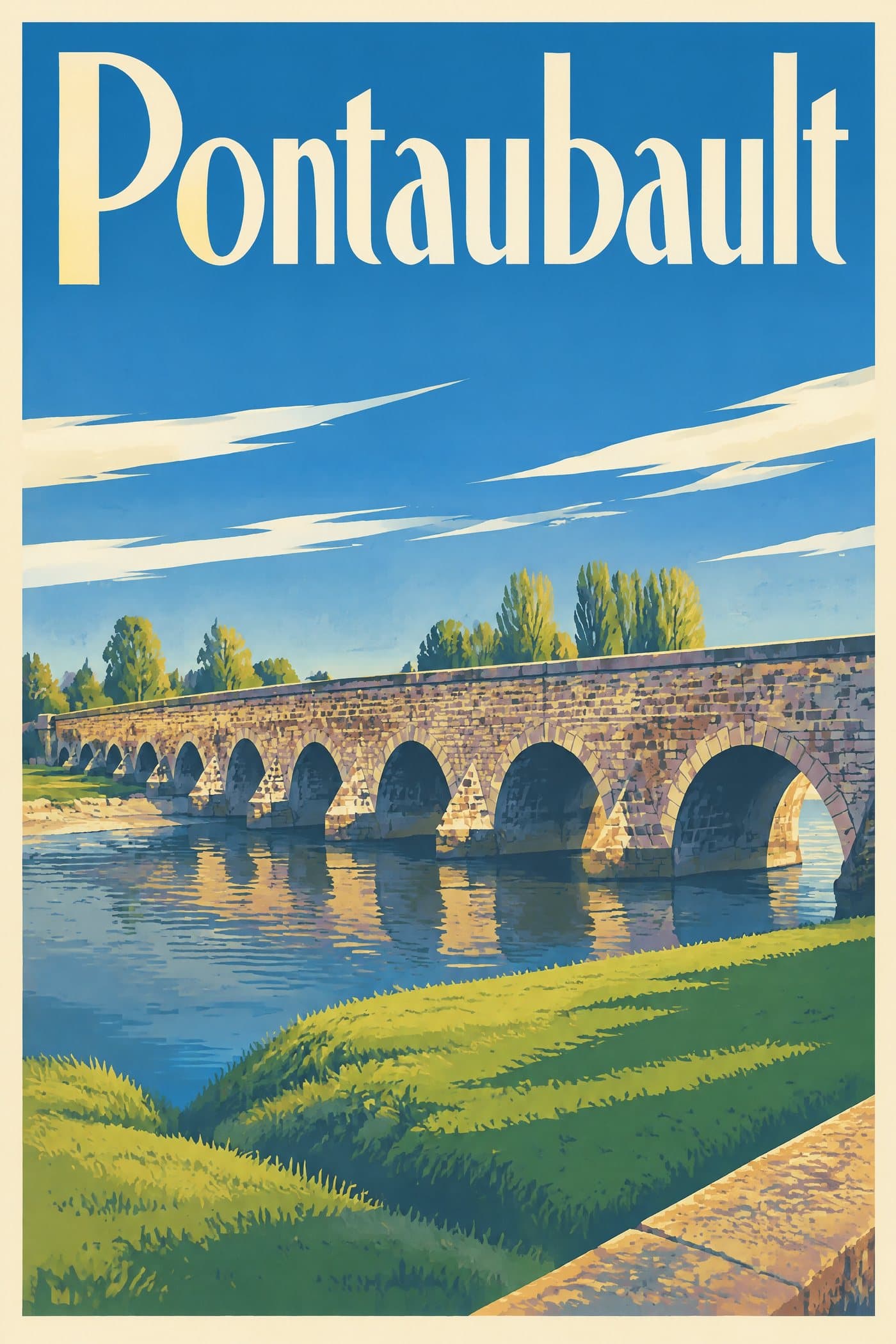 Affiche illustrée de Pontaubault — Le pont