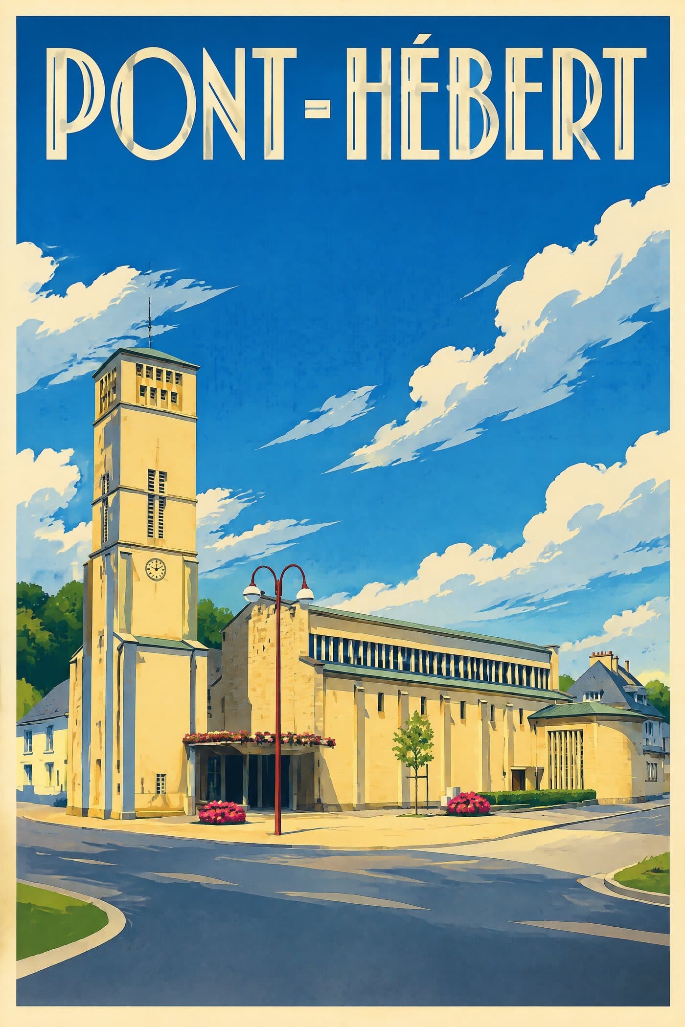 Affiche illustrée de Pont-Hébert — Église Saint-Aubin