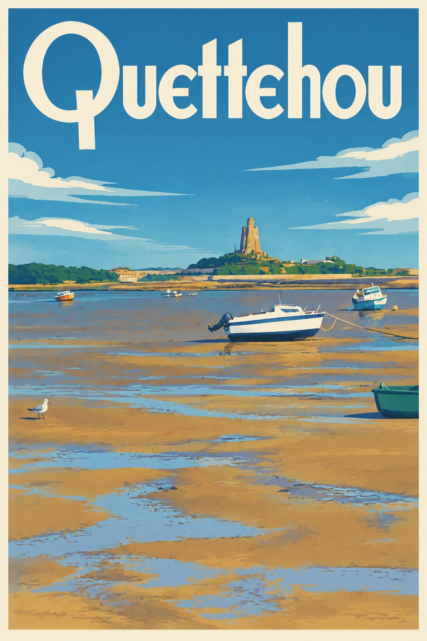 Affiche illustrée de Quettehou — L’estran à marée basse