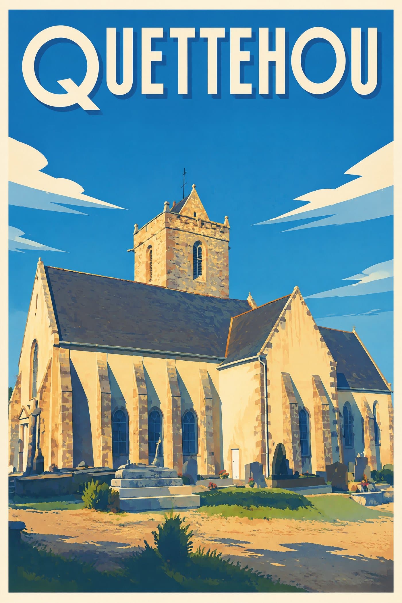 Affiche illustrée de Quettehou — Église Notre-Dame