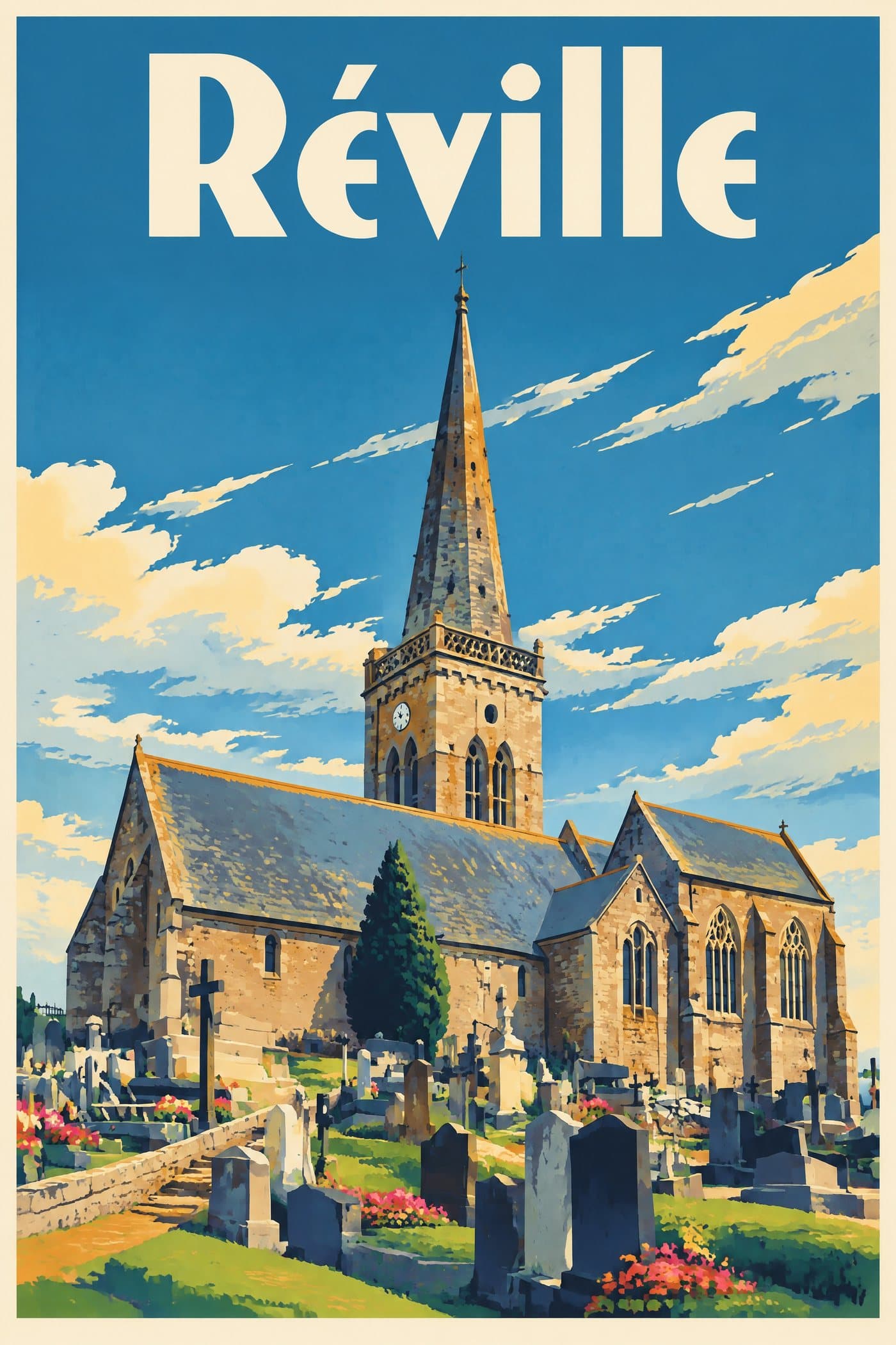 Affiche illustrée de Réville — Église Saint-Martin