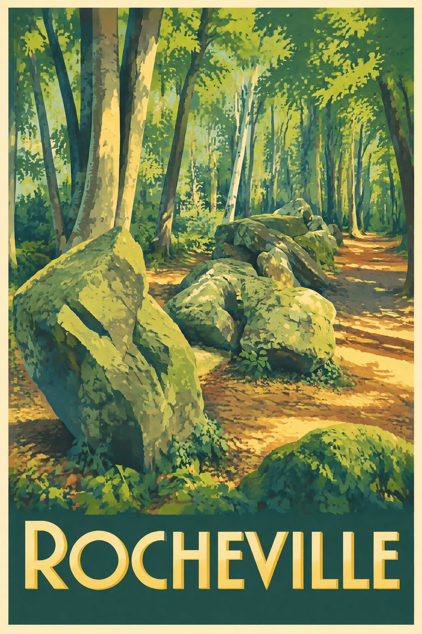 Affiche illustrée de Rocheville — Allée couverte de la Petite Roche