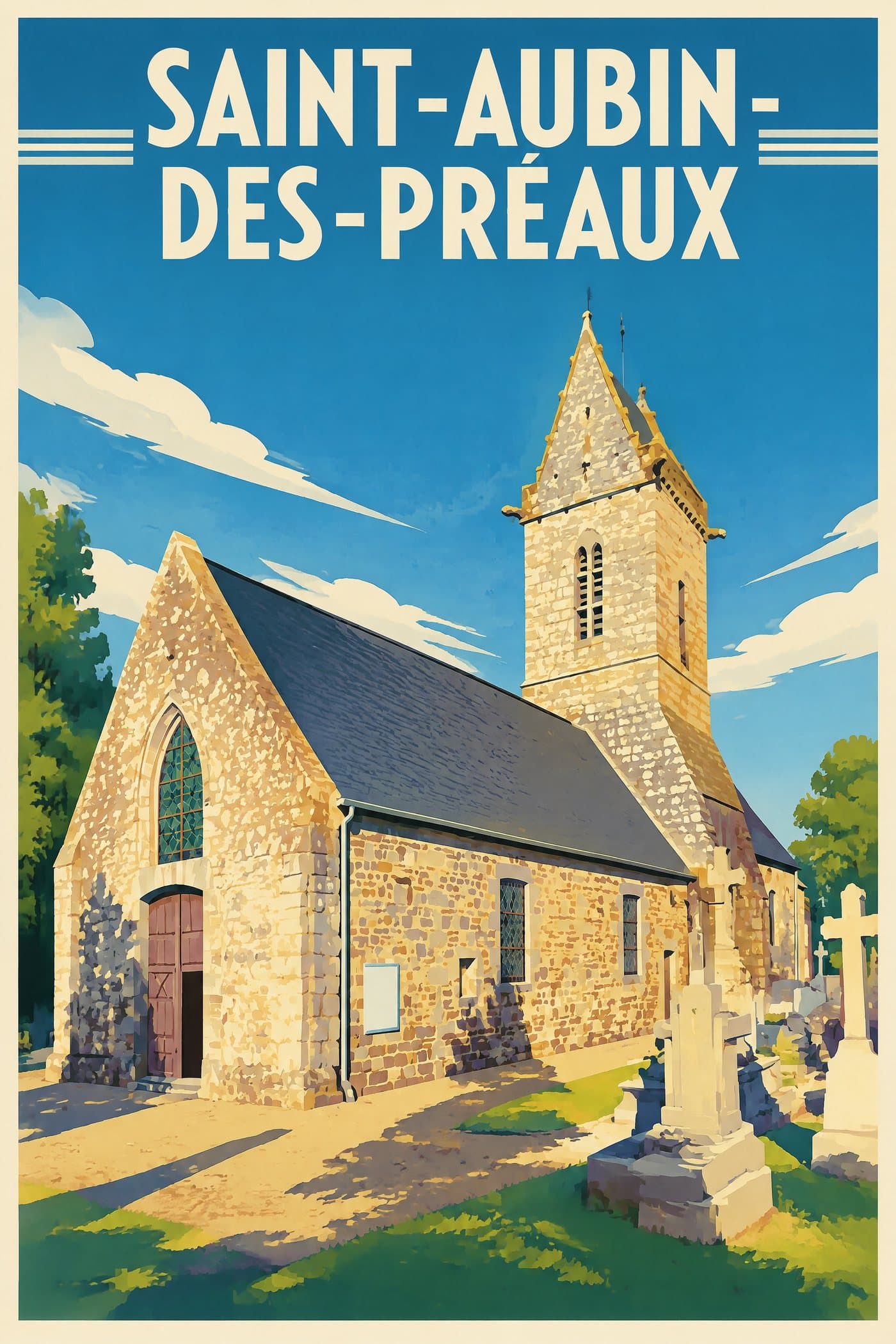 Affiche illustrée de Saint-Aubin-des-Préaux — Église Saint-Aubin