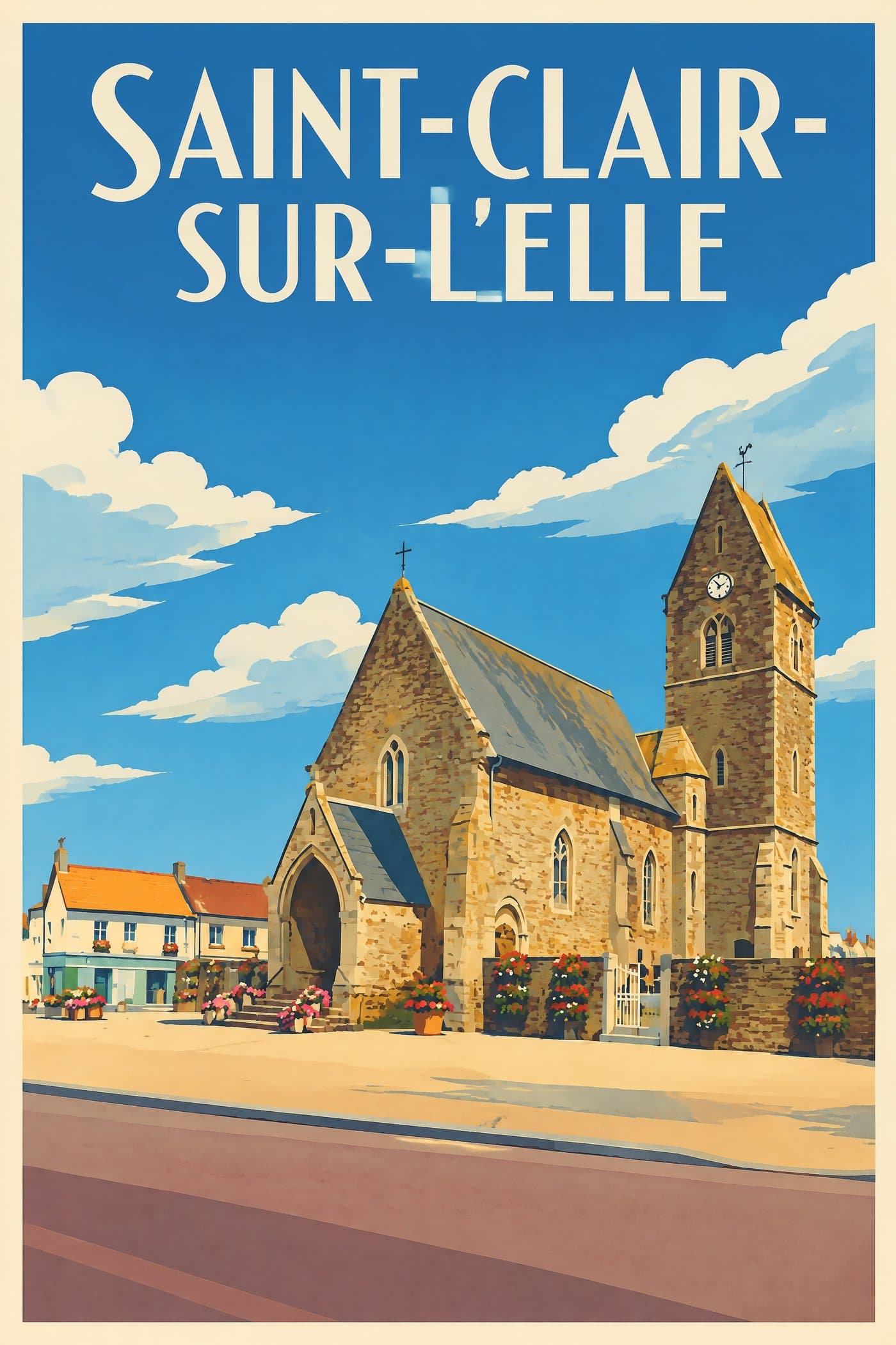 Affiche illustrée de Saint-Clair-sur-l'Elle — Église Saint-Clair