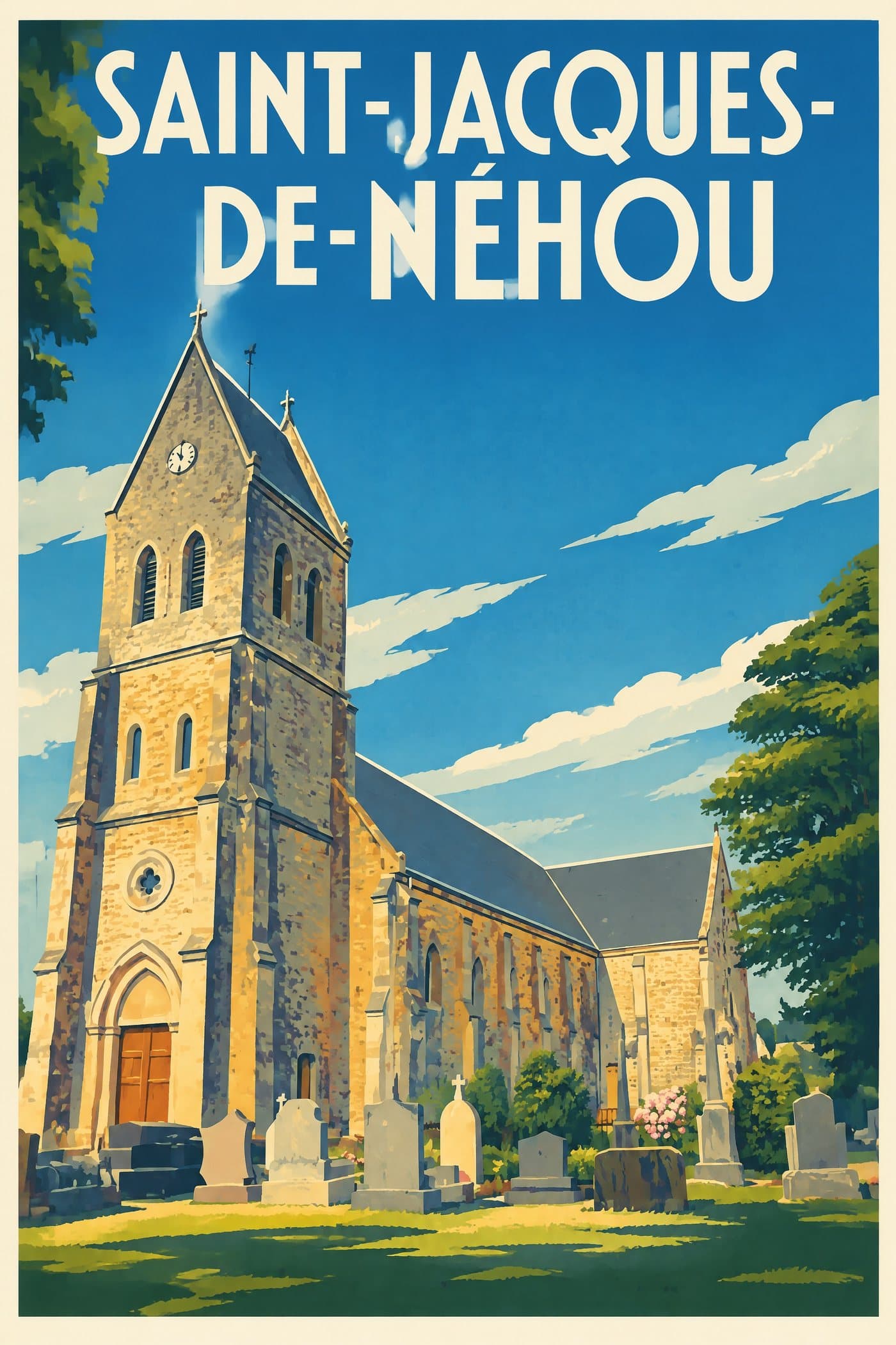 Affiche illustrée de Saint-Jacques-de-Néhou — Église Saint-Marcouf