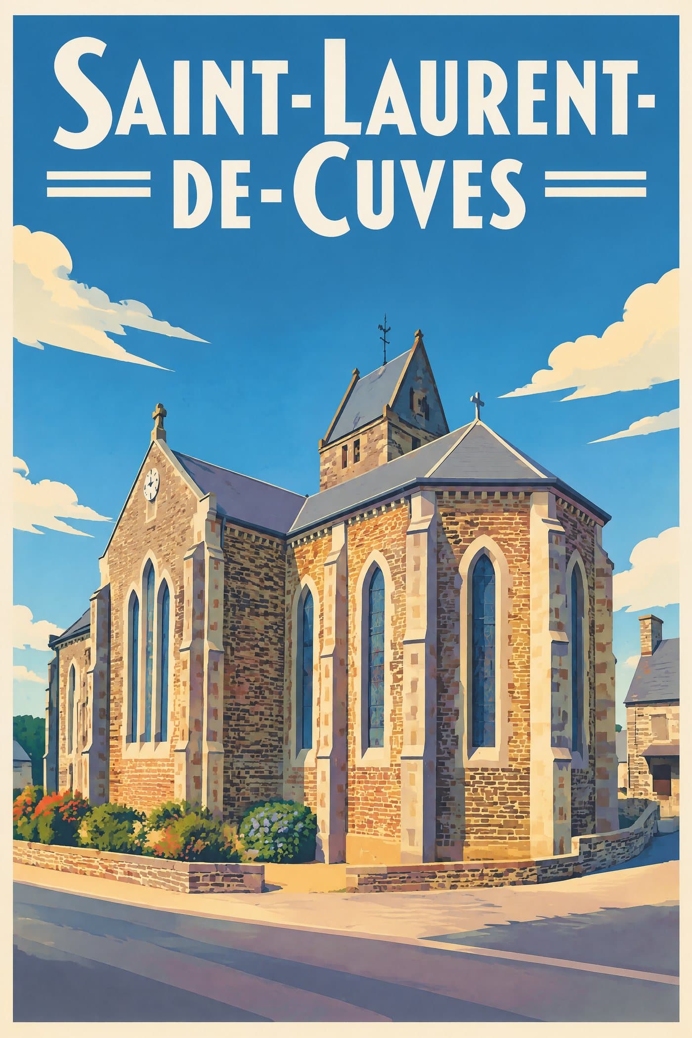 Affiche illustrée de Saint-Laurent-de-Cuves — Église Saint-Laurent