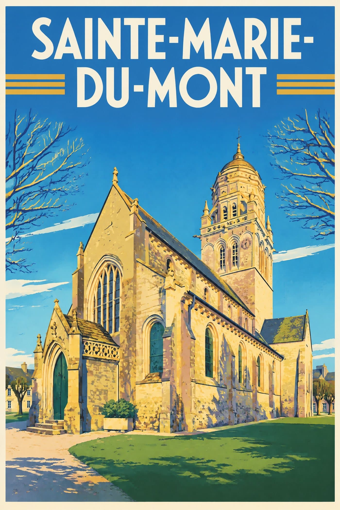 Affiche illustrée de Sainte-Marie-du-Mont — Église Notre-Dame