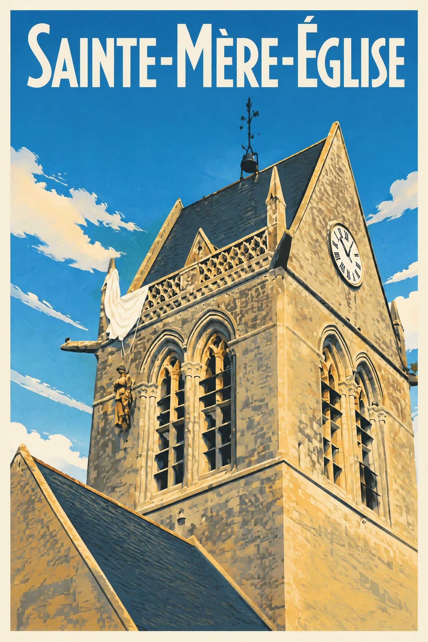 Affiche illustrée de Sainte-Mère-Église — John Steele au clocher