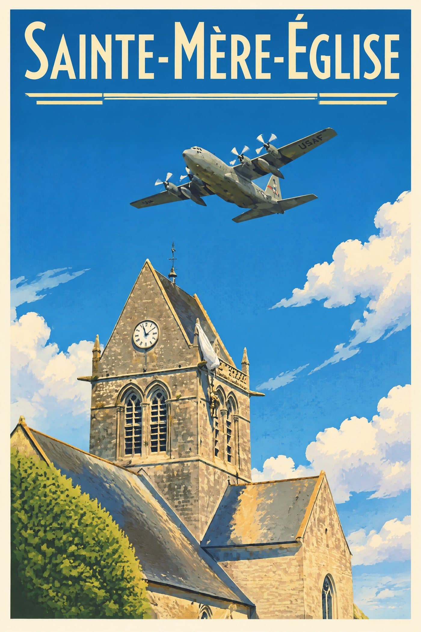 Affiche illustrée de Sainte-Mère-Église — L’église