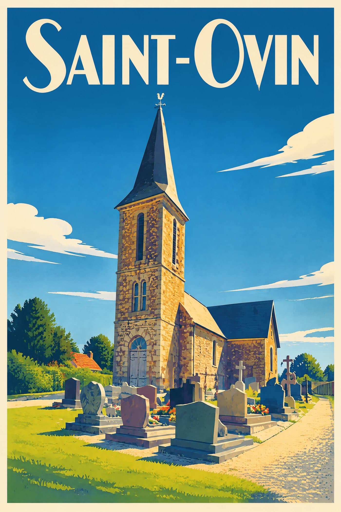 Affiche illustrée de Saint-Ovin — Église Saint-Pierre et Saint-Paul