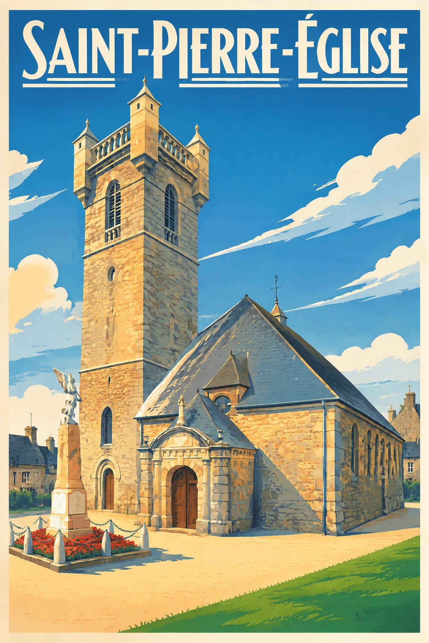 Affiche illustrée de Saint-Pierre-Église — Église Saint-Pierre