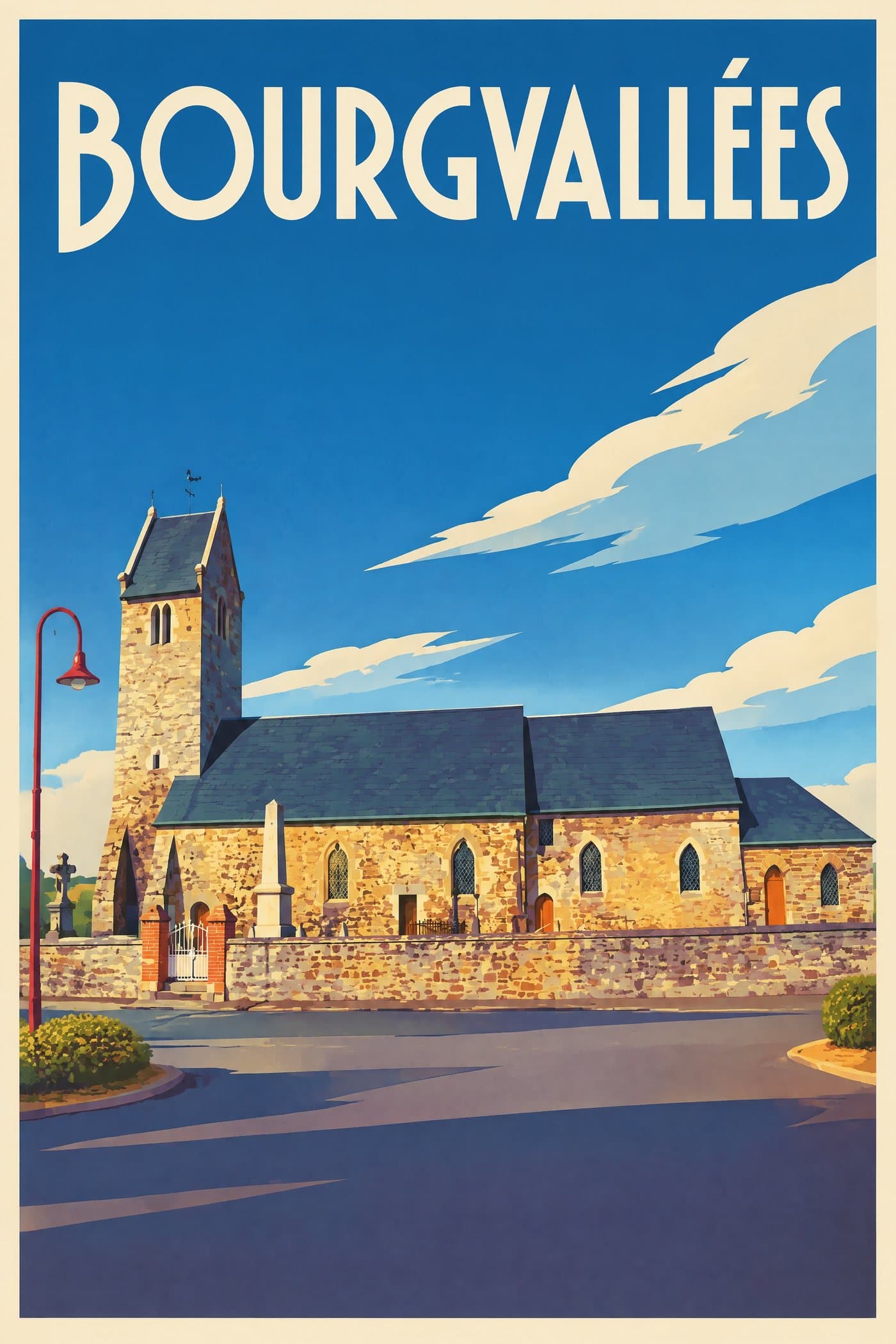 Affiche illustrée de Bourgvallées — Église Saint-Jean-Baptiste