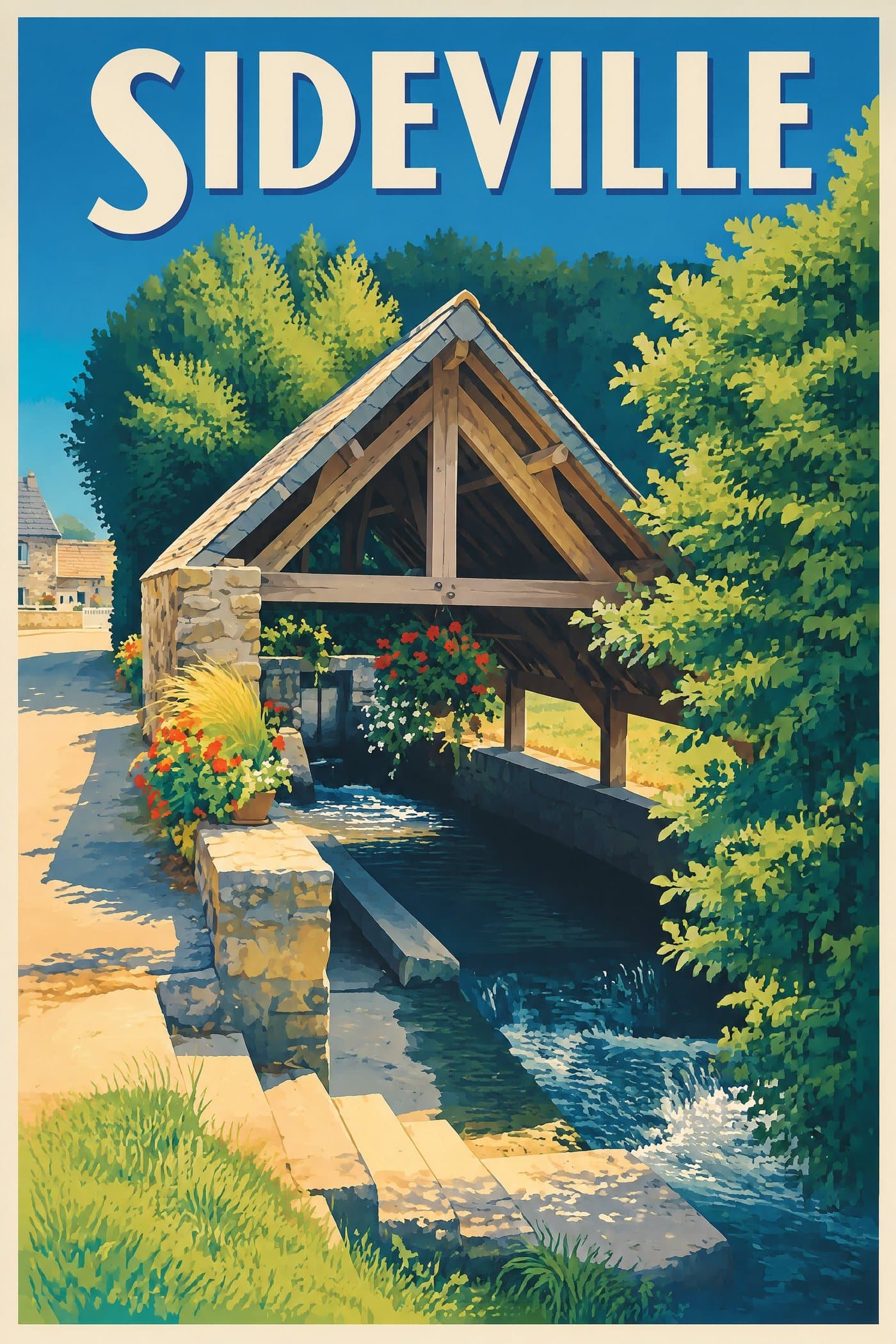 Affiche illustrée de Sideville — Le lavoir