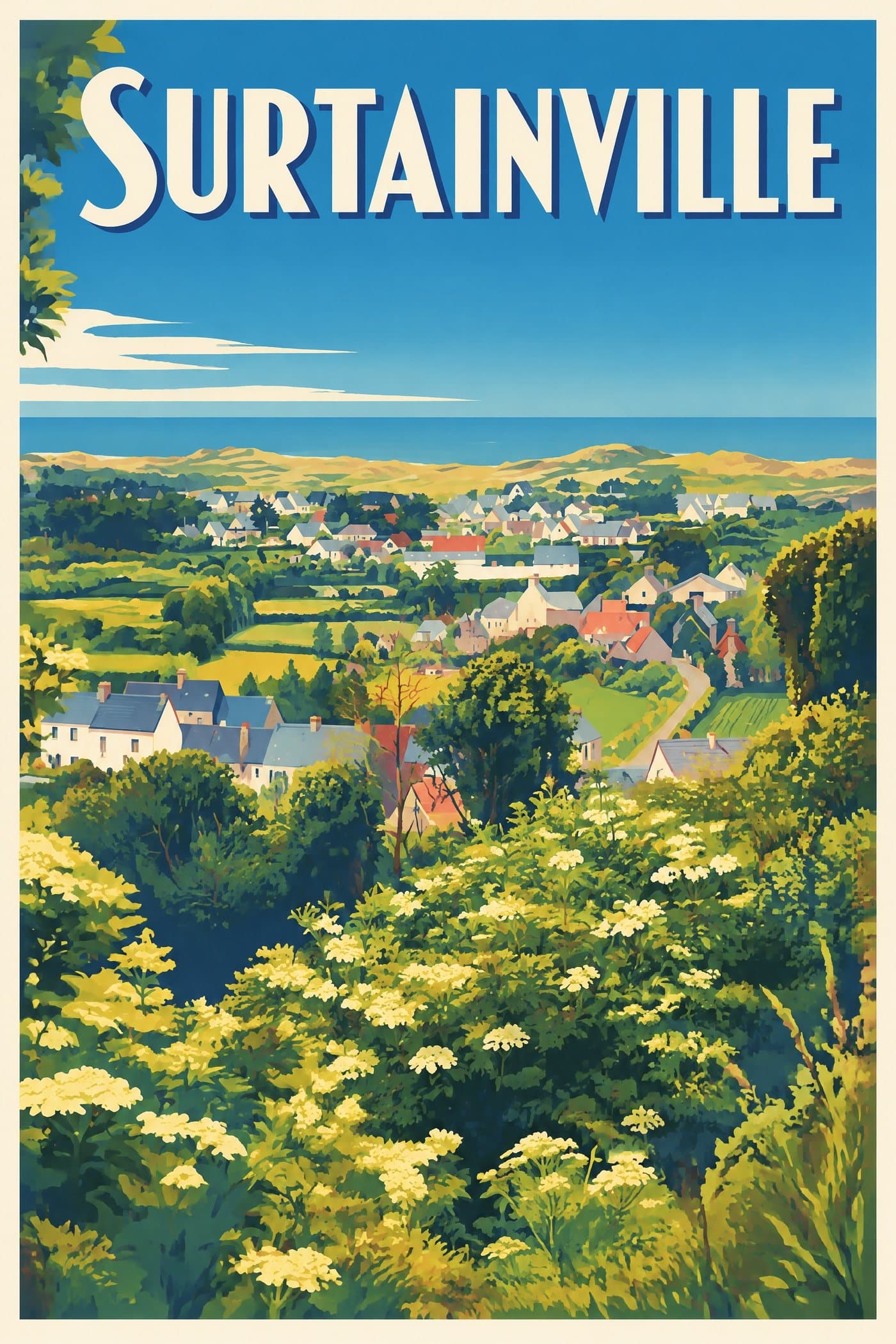 Affiche illustrée de Surtainville — La mer depuis la colline
