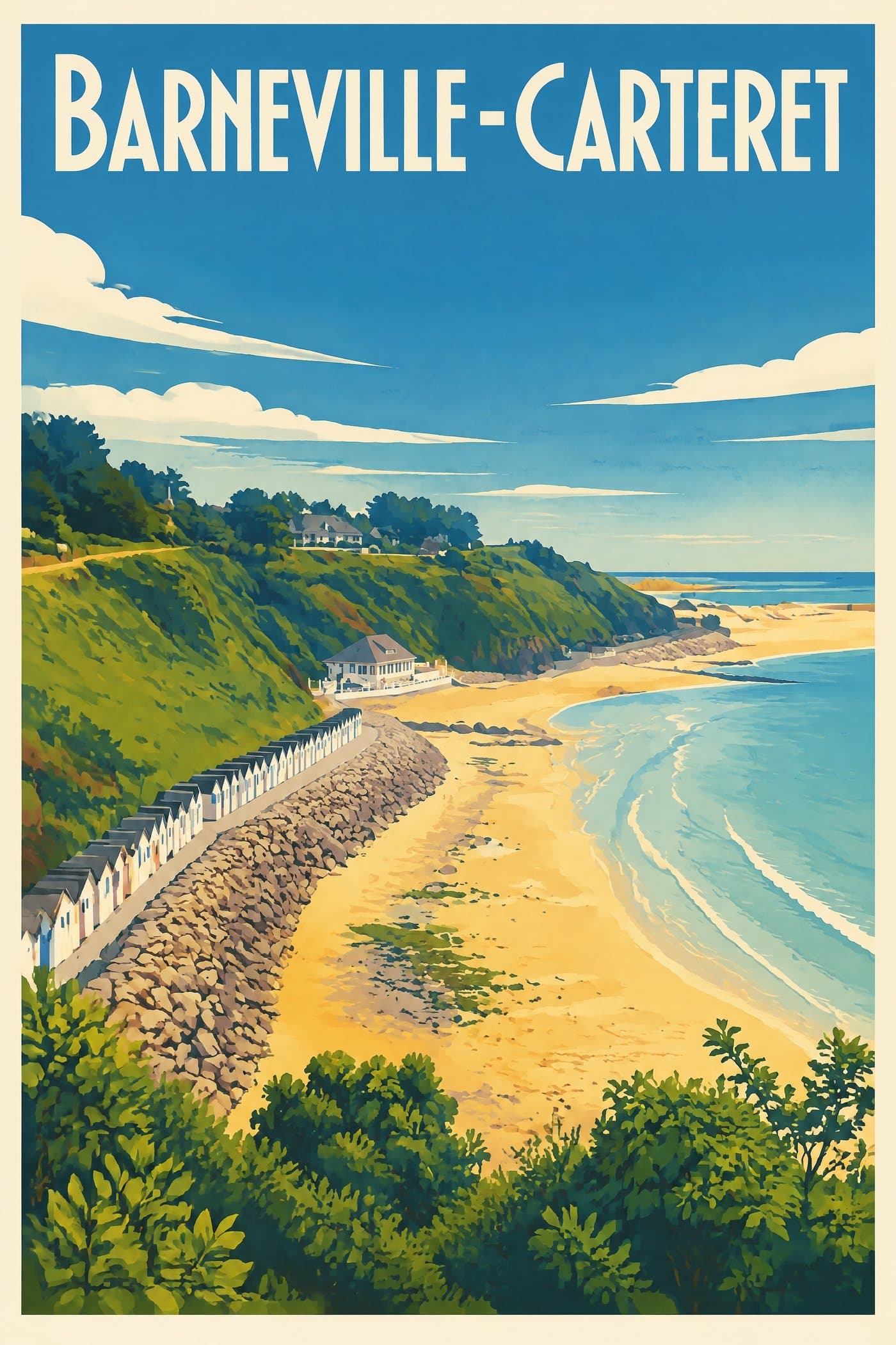 Affiche illustrée de Barneville-Carteret — Les cabines de plage, style affiche vintage : Les cabines de plage