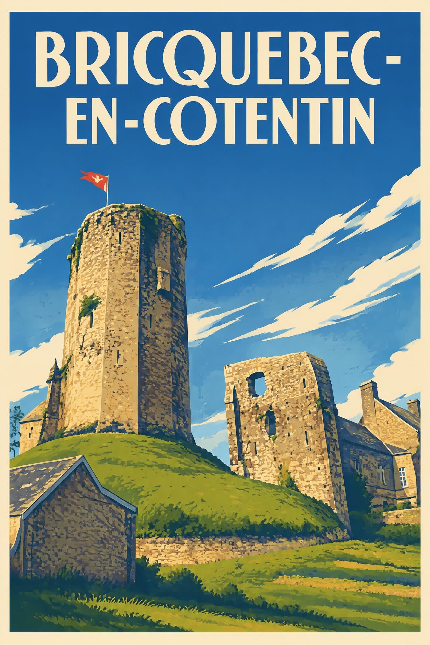 Affiche illustrée de Bricquebec-en-Cotentin — Château de Bricquebec, autre vue, style affiche vintage : Château de Bricquebec, autre vue