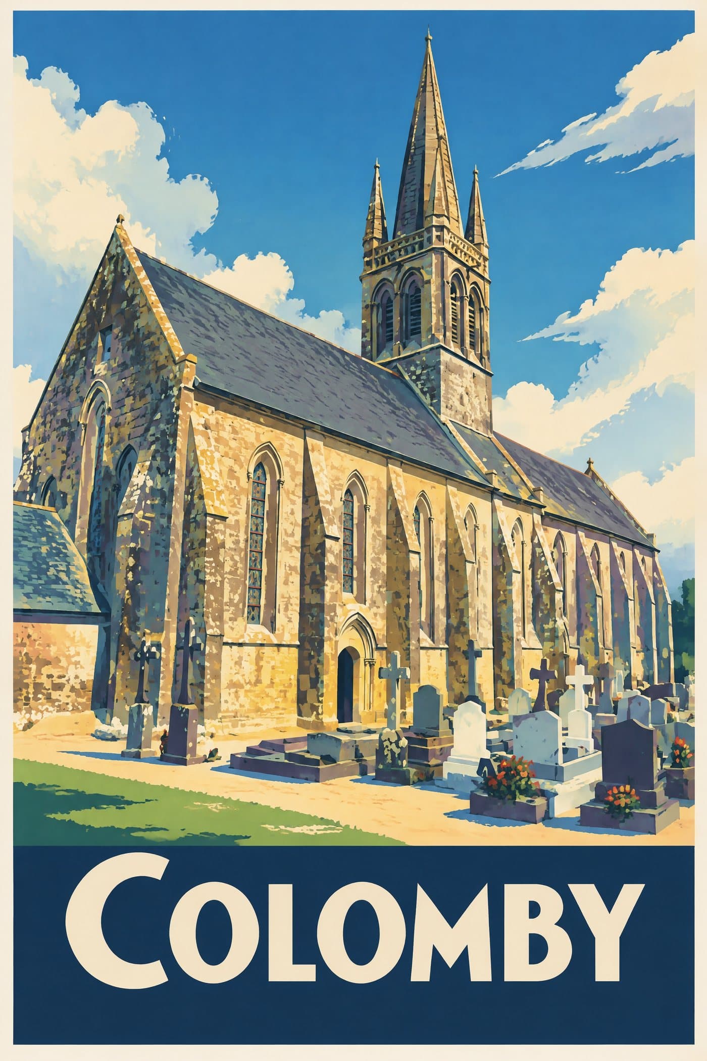 Affiche illustrée de Colomby — Église Saint-Georges, style affiche vintage : Église Saint-Georges