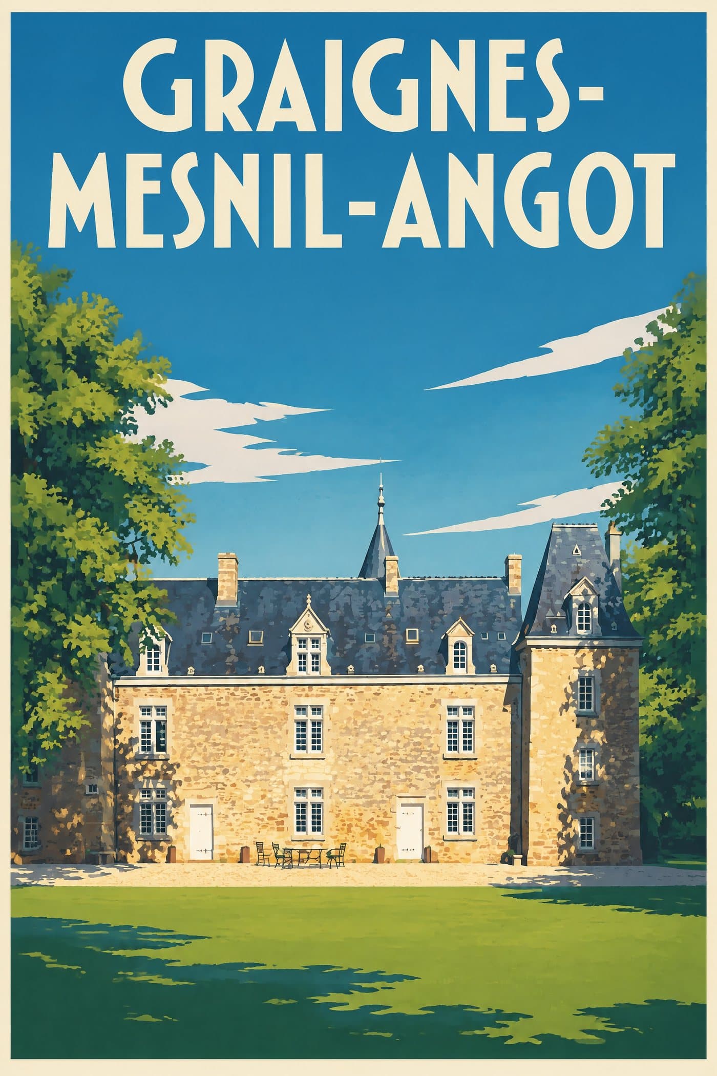 Affiche illustrée de Graignes-Mesnil-Angot — Maison de Daye, style affiche vintage : Maison de Daye