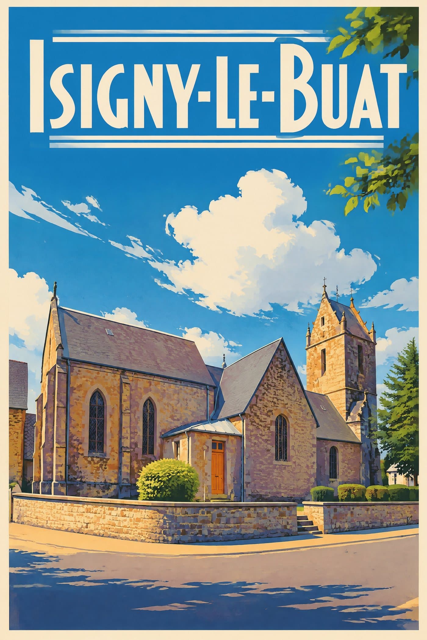 Affiche illustrée d'Isigny-le-Buat — Église Saint-Martin, style affiche vintage : Église Saint-Martin