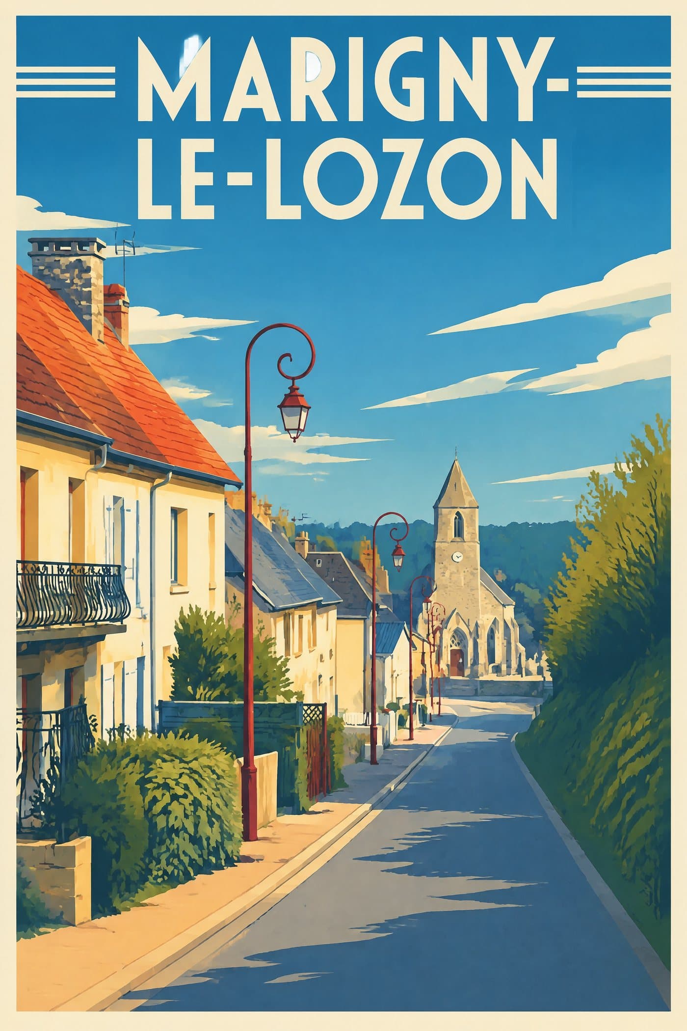 Affiche illustrée de Marigny-Le-Lozon — Rue de la Cavée, style affiche vintage : Rue de la Cavée