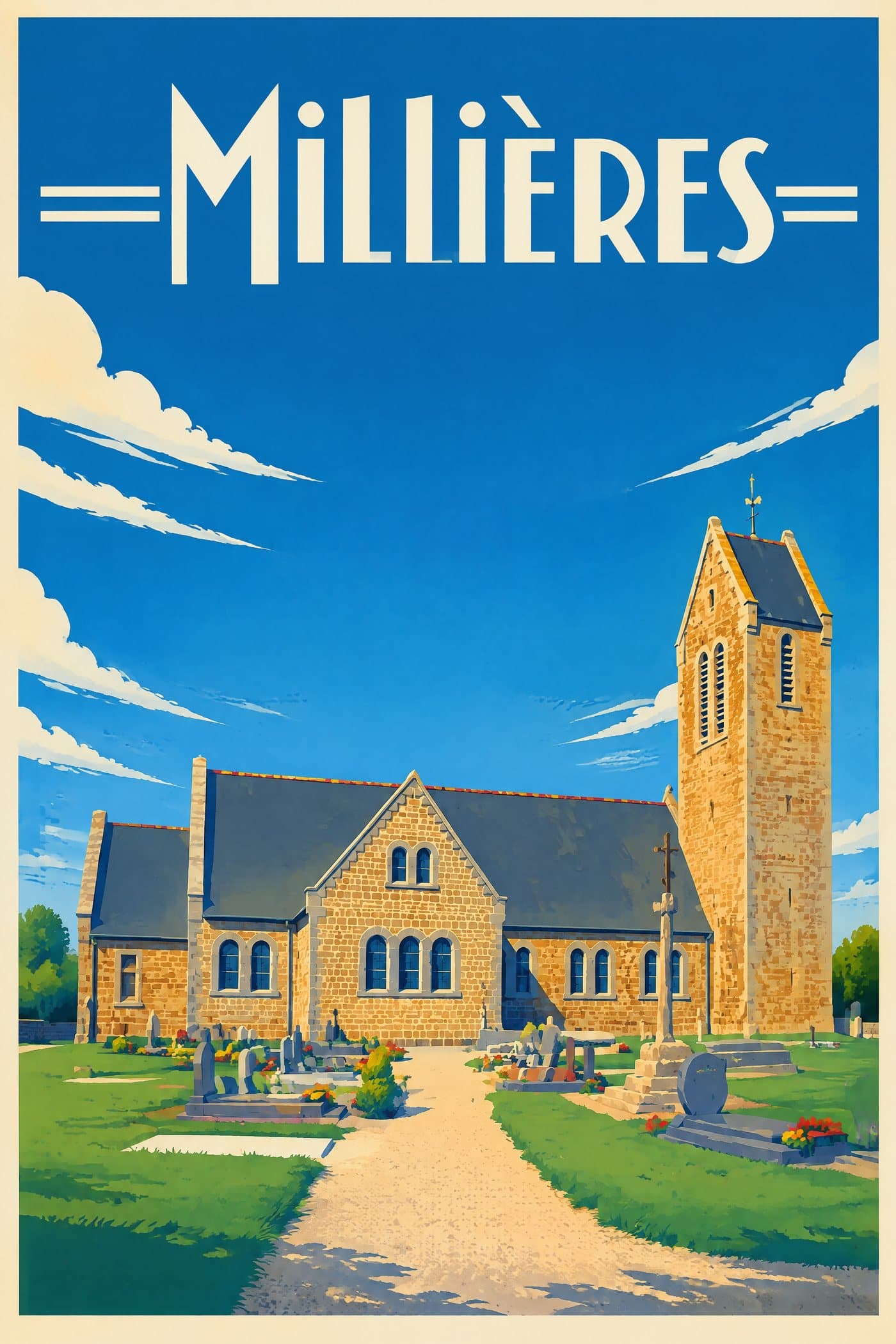 Affiche illustrée de Millières — Église Saint-Étienne, style affiche vintage : Église Saint-Étienne