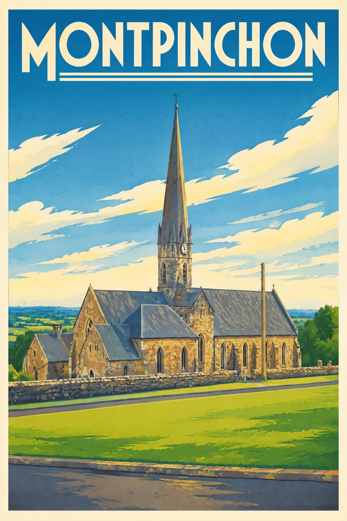 Affiche illustrée de Montpinchon — Église Notre-Dame-de-l'Assomption, style affiche vintage : Église Notre-Dame-de-l'Assomption