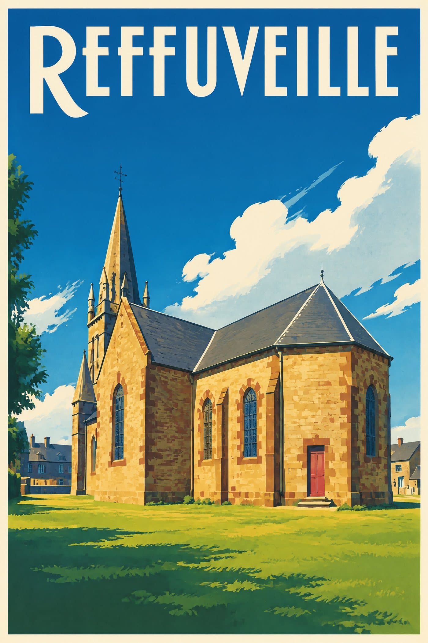 Affiche illustrée de Reffuveille — Église Saint-Léonard, style affiche vintage : Église Saint-Léonard