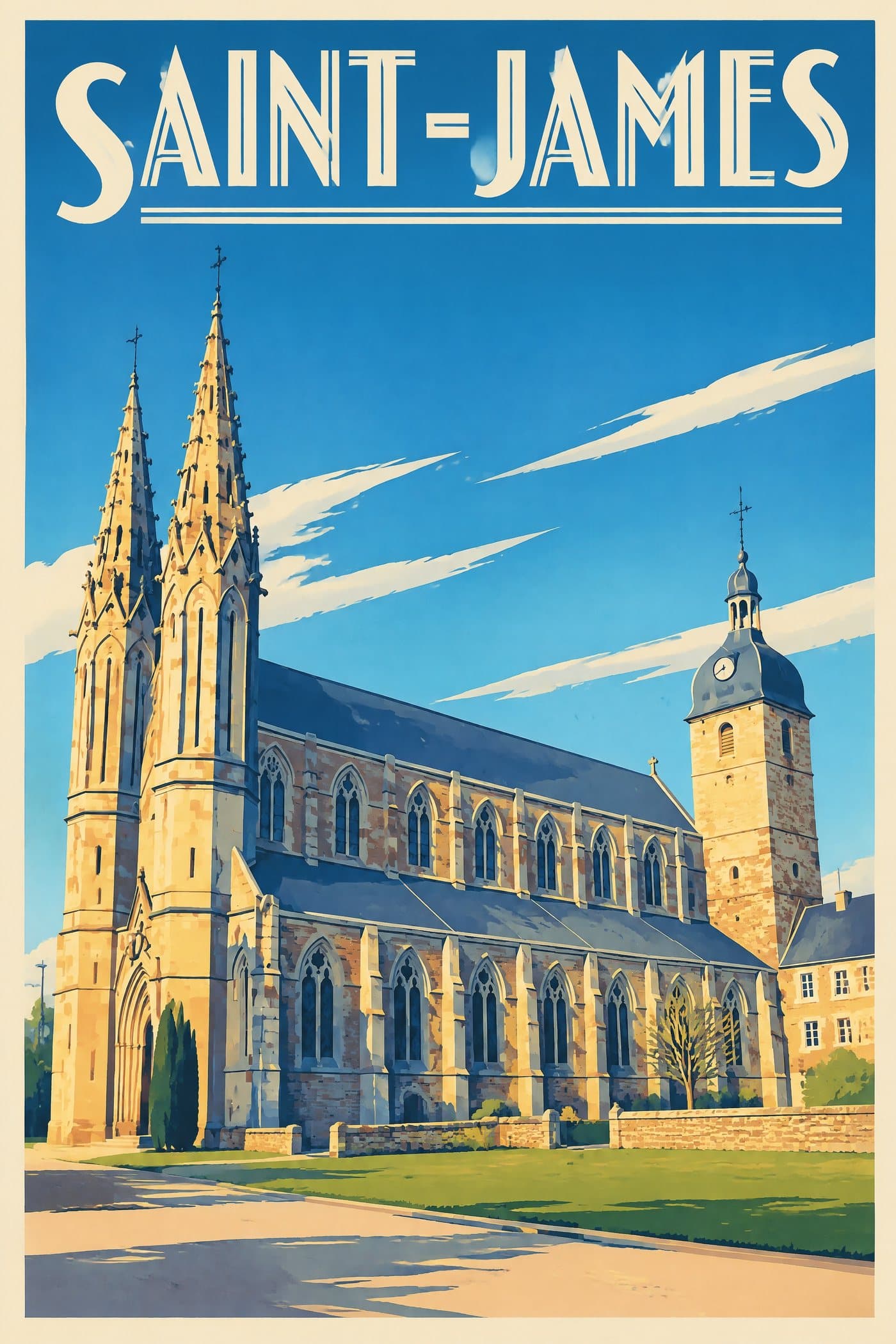 Affiche illustrée de Saint-James — Église Saint-Jacques, style affiche vintage : Église Saint-Jacques