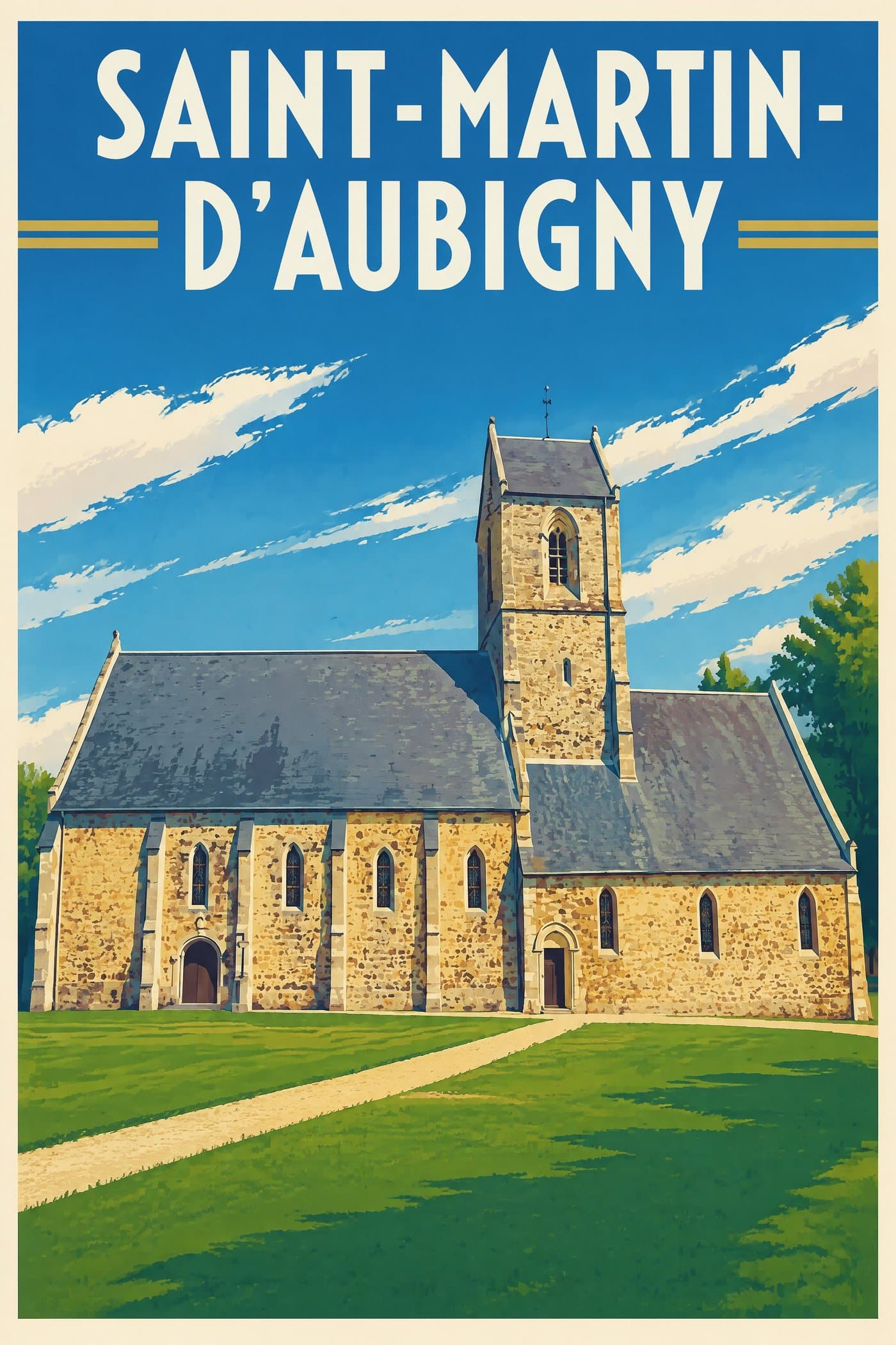 Affiche illustrée de Saint-Martin-d'Aubigny — Église Saint-Martin, style affiche vintage : Église Saint-Martin