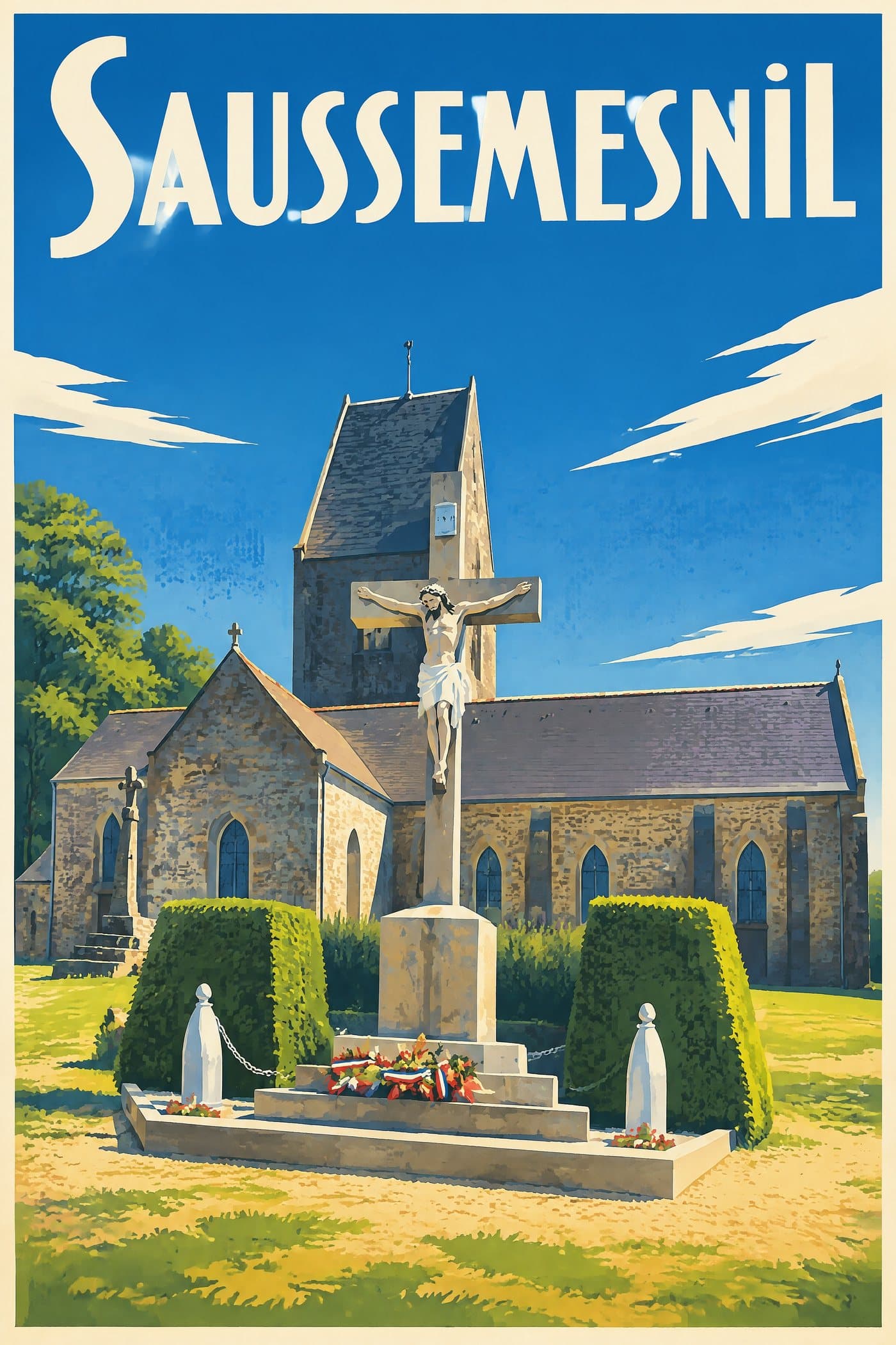 Affiche illustrée de Saussemesnil — Église Saint-Grégoire, style affiche vintage : Église Saint-Grégoire